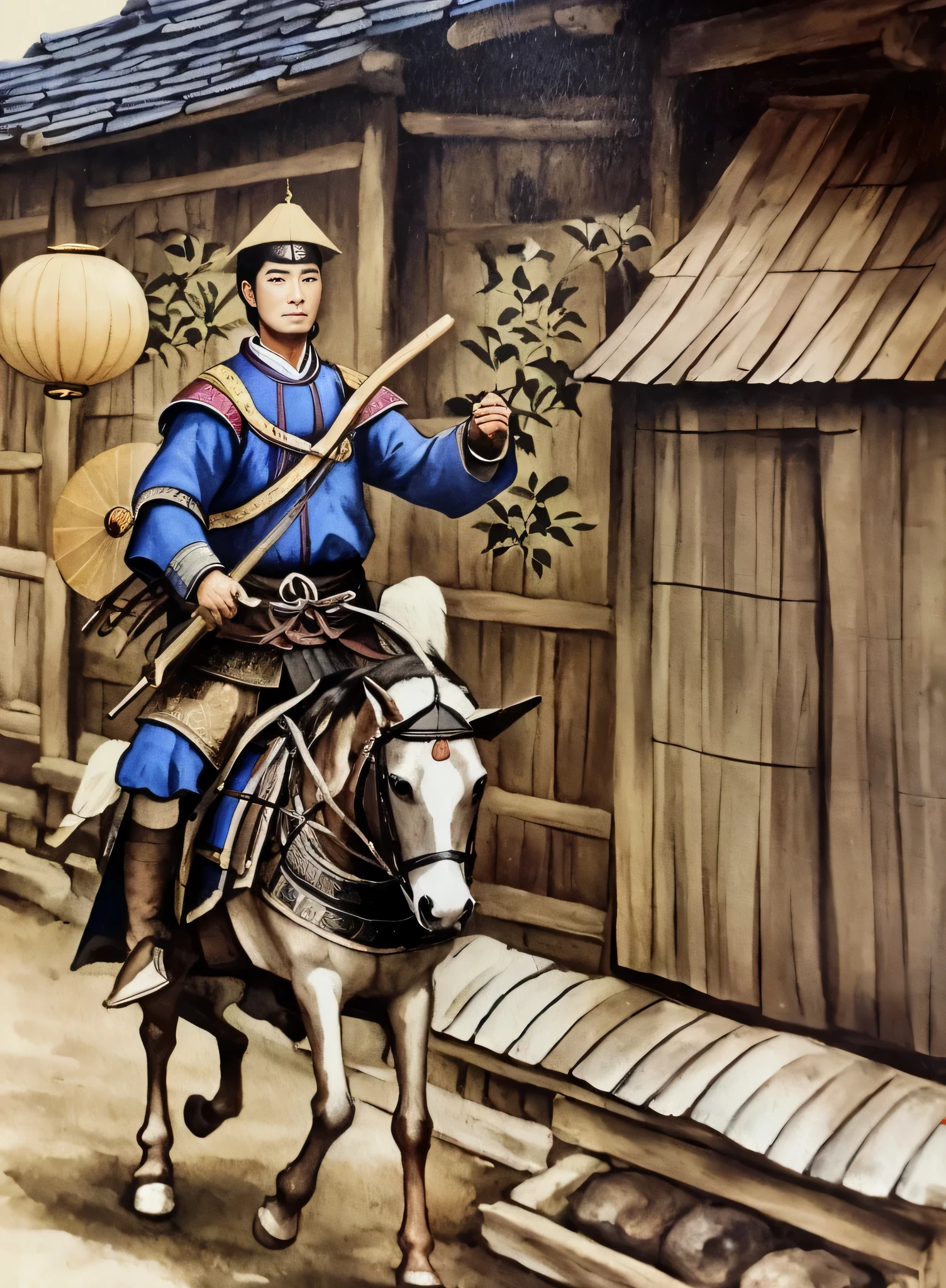painting of a man riding a horse with a lantern on his arm, look at viewer, traditional painting, traditional art, the rider carries a large sword, traditional oil painting, masamune shiro, in the edo era, chinese warrior, feudal japanese setting, inspired by Hu Zaobin, feudal japan art, old chines painting, man in horse costume