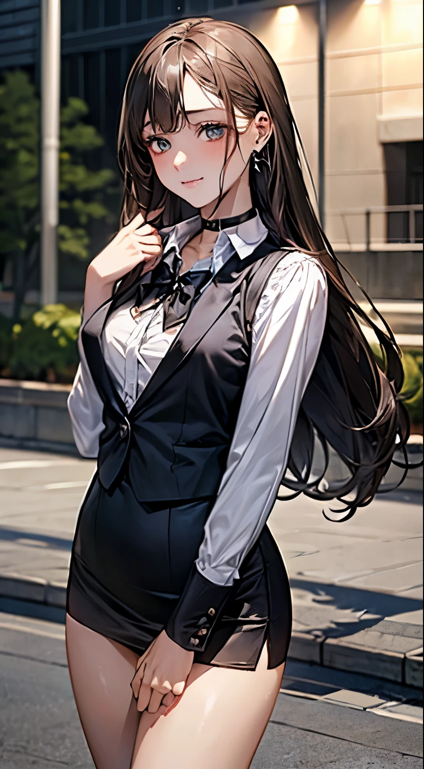 ((((perfect anatomy, super dense skin)))), 1 girl, Japanese, 17 years old, (Fine, super oily and shiny skin:1.1), looking at the scenery, (embarrassing:1.2), 
beautiful hair, beautiful face, detailed and beautiful eyes, (long hair:1.4, straight hair:1.7), light brown hair, (beautiful large chests:1.3), earrings, 
beautiful clavicle, beautiful body, 美しいchest, beautiful thighs, beautiful feet, beautiful and detailed fingers, five fingers, baby face, , chest, 
(((Long sleeve white blouse, black suit vest:1.4, black tight mini skirt:1.4, black bow tie, choker), Thighs shiny with oil, very sexy, share, seductive thighs, camel toe)), 
(beautiful scenery), office, Are standing, lift the skirt yourself,  , 
(8k, highest quality, masterpiece:1.2, very detailed, , ), (realistic), beautiful illustrations, cinematic lighting,