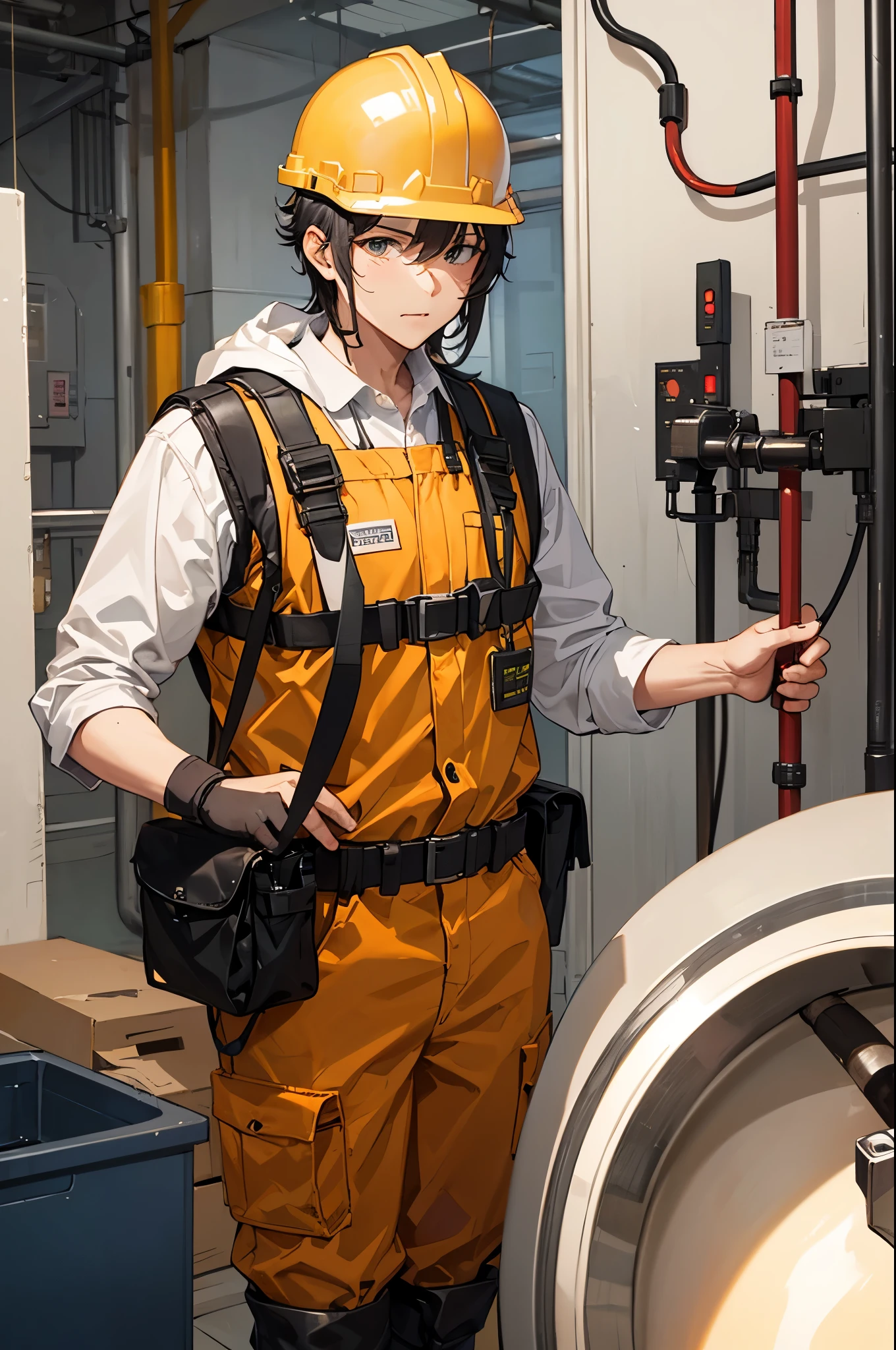 a man in safety vests is suspended from a crane, worksafe. illustration, safe for work, worksafe. instagram photo, worksafe. cgsociety, worksafe.cgsociety, (sfw) safe for work, worksafe, worksafe. dramatic, funny illustration, print ready, illustartion, safebooru, promo image, 1men wearing white safety helmet and orange wearpack uniform, boiler, package boiler, focus showing the workers, safety body harness, safety googles, white safety helmet, orange wearpack worker