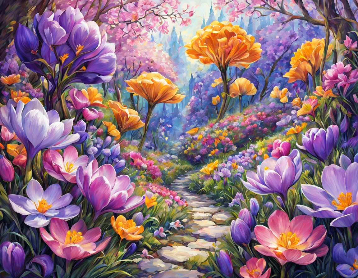 Oil painting, a beautiful, exquisite, brilliant masterpiece.

Crocuses.

Affectionately called the harbinger of spring.

Paintings in the impressionist style with bright colors and blurred outlines, a variety of small details in the background,

Spring blossom image 

hyper-detailed,by SeelenFarben, Watercolor, masterpiece,top quality,best quality,official art,beautiful and aesthetic,extremely detailed,(fractal art:1.1),colorful,flowers,highest detailed,zentangle,abstract background,many colors,feathers,