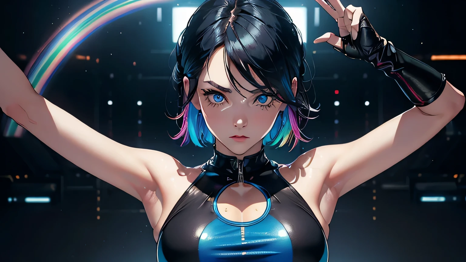 4K, A high resolution, Best quality at best, masterpiece, perfect colors, perfect shadow, perfect litthing, ((sportrait)), 1woman, fit body, heterochromia eyes，face close up, dark blue hair , blue eyes, With round lenses, The audience watched carefully, (s face: 1.2), Perfect female figure, ((dynamic standing pose)), ((rainbow colorful Tight crop top, half breast, colorful leather suit)), ((shy and looking at viewert)), (Perfect thick white eyebrows) Delicate fur, 详细s face, s the perfect face,  , (dynamic pose), cyberpunk abstract background, ((Bonifasko lighting)), (The round lenses on his eyes)(detailed eyes), Perfect student, ((face close up))