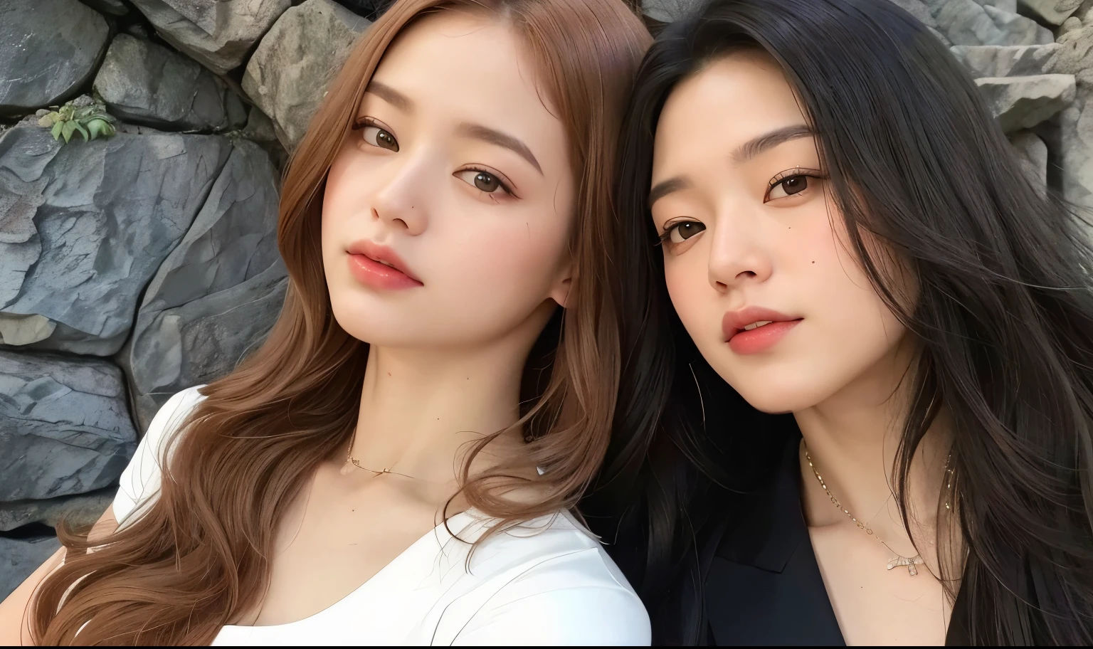 there are two women that are posing for a picture together, aurora aksnes and zendaya, two girls, magali villeneuve and monet, taken in the early 2020s, gorgeous faces, two models in the frame, leaked image, sisters, beautiful faces, taken in 2 0 2 0, beautiful girls, photo taken in 2 0 2 0, yunjin lesserafim