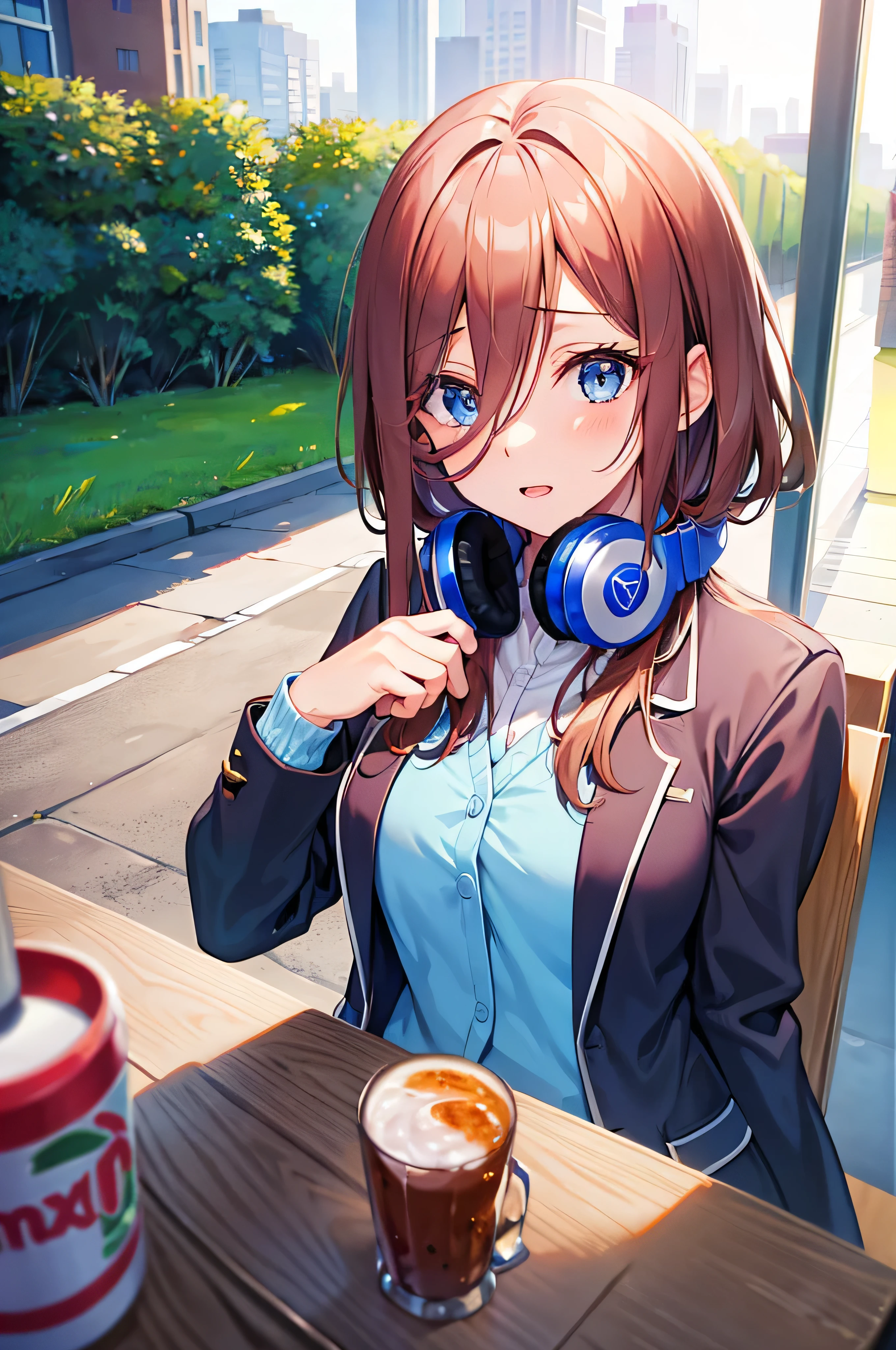 masutepiece, Best Quality, High resolution, 超A high resolution, depth of fields, Brown hair, hair between eye, headphones, Blue cardigan, headphones around neck, School uniform, Long sleeves, Blue cardigan, Green skirt, pantyhose, Black jacket, Open jacket