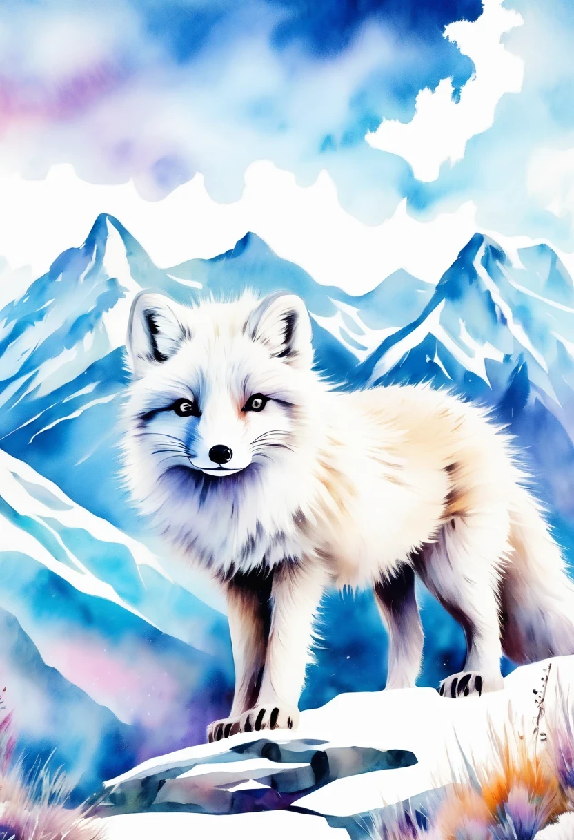 Double exposure of arctic fox and mountains, natural scenery, watercolor