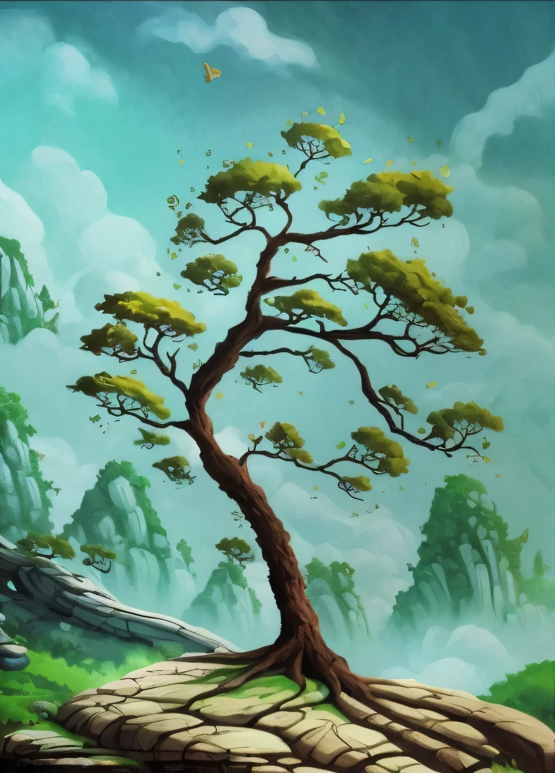 painting of a tree on a rock with a sky background, beautiful painting of a tall, stylized painting, fantasy tree, inspired by Eyvind Earle, inspired by Cyril Rolando, background art, stylised painting, tall tree, made of tree and fantasy valley, a tall tree, brittney lee, humblewood art style, background artwork