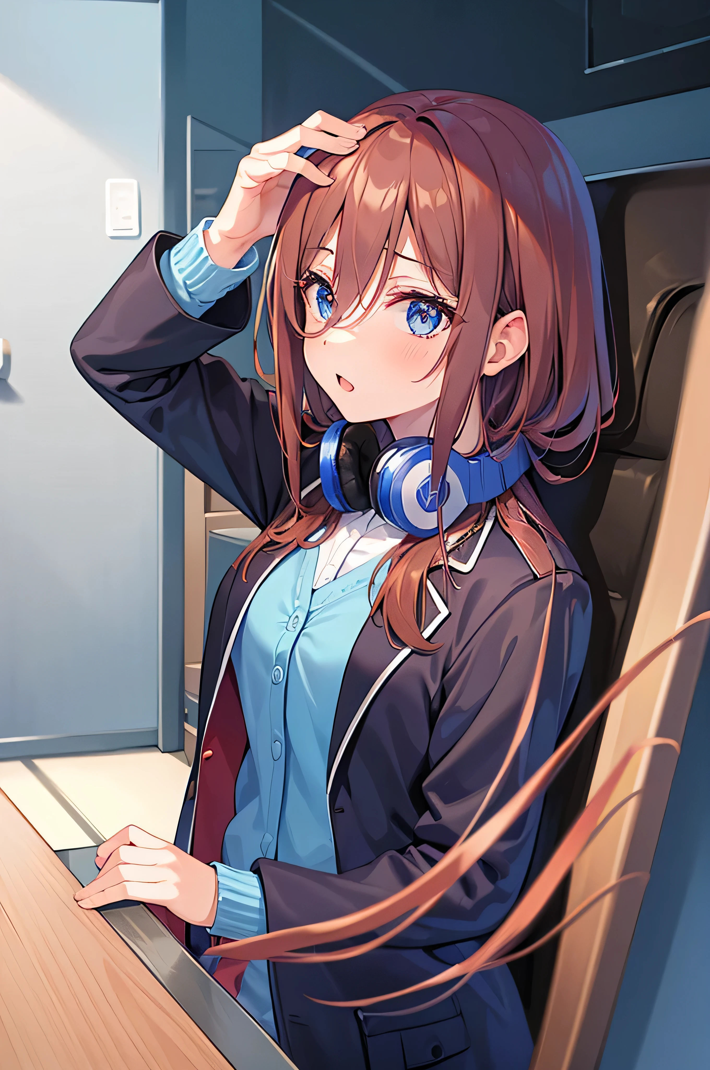 masutepiece, Best Quality, High resolution, 超A high resolution, depth of fields, Brown hair, hair between eye, headphones, Blue cardigan, headphones around neck, School uniform, Long sleeves, Blue cardigan, Green skirt, pantyhose, Black jacket, Open jacket