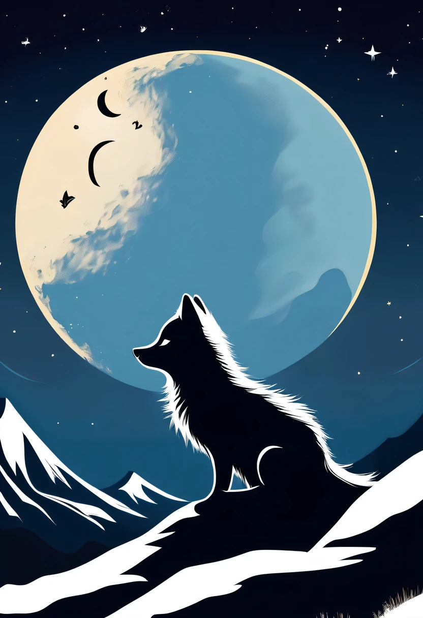 Arctic fox on top of mountain,look up at the moon,Dream,contour,minimalist,Gothic