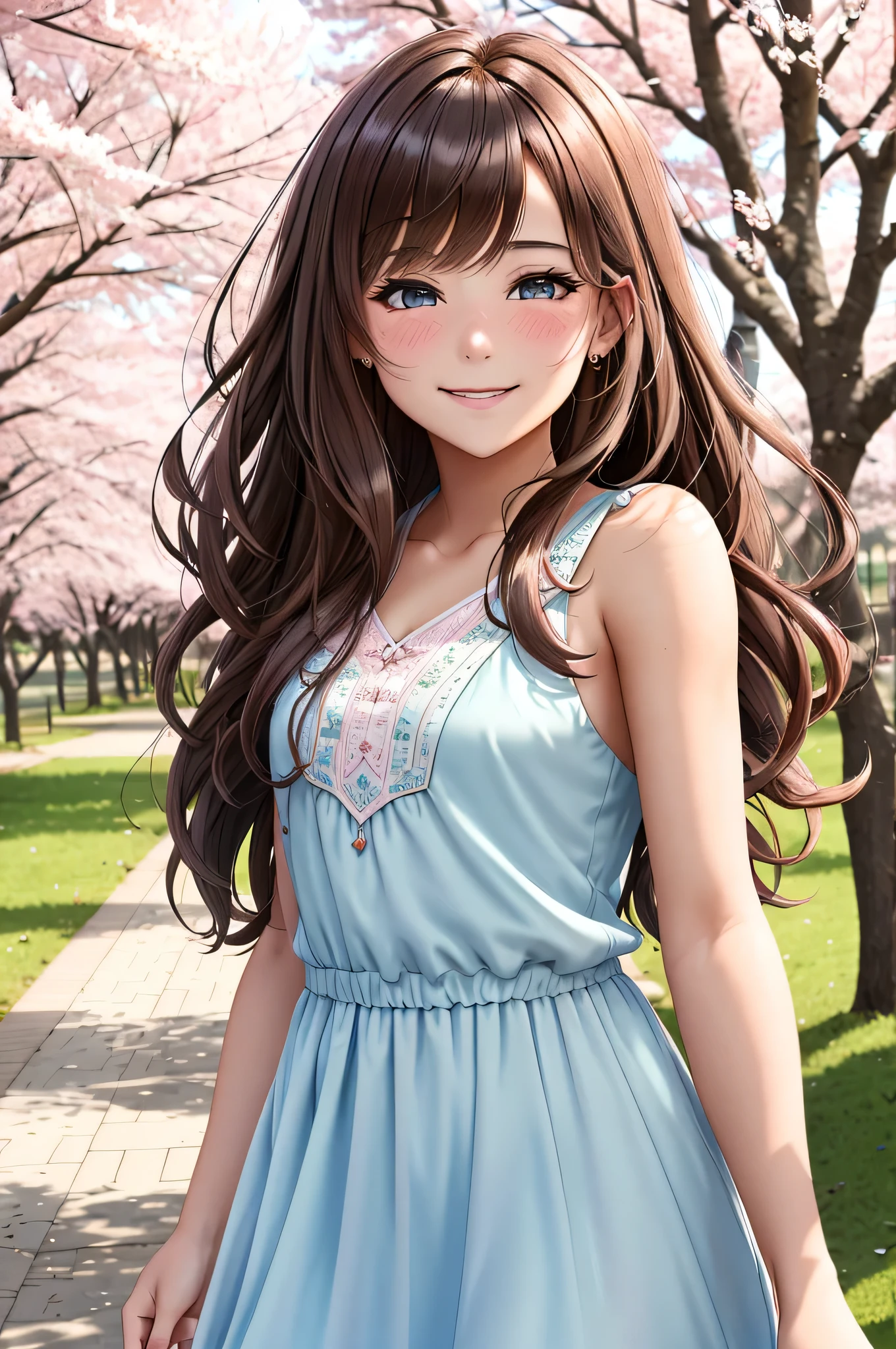 {there is a young girl at a park. she is beautiful, and attractive. she is wearing a large pink v-neck sleeveless maxi dress. she has beautiful long brown hair, and beautiful hazel eyes. the scene is beautiful. it is windy, and there is cherry blossom trees in the background, some of which the leaves are falling. her dress and hair is flowing a bit in the wind. she has a beautiful smile on her face, and is slightly blushing.}, {best quality}, {{masterpiece}}, {highres}, {{{8k}}}, extremely detailed girl, {{{caucasian skin}}}, {{{detailed face}}}, {photo-realism}, {{perfect anatomy}}, sharp focus, {{{character{1 girl}}}}, solo, {{{{{sharp focus}}}}}, {{{detailed cloth texture}}}, {{{detailed skin texture}}}, {{{smooth lighting}}}, {{australian decent}}, {{18-years old girl}},