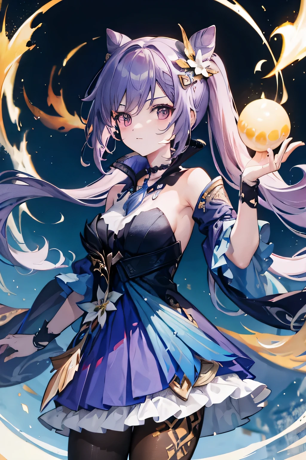 Young sorcerer with ball of light in hand floating and shining, in the ruins
