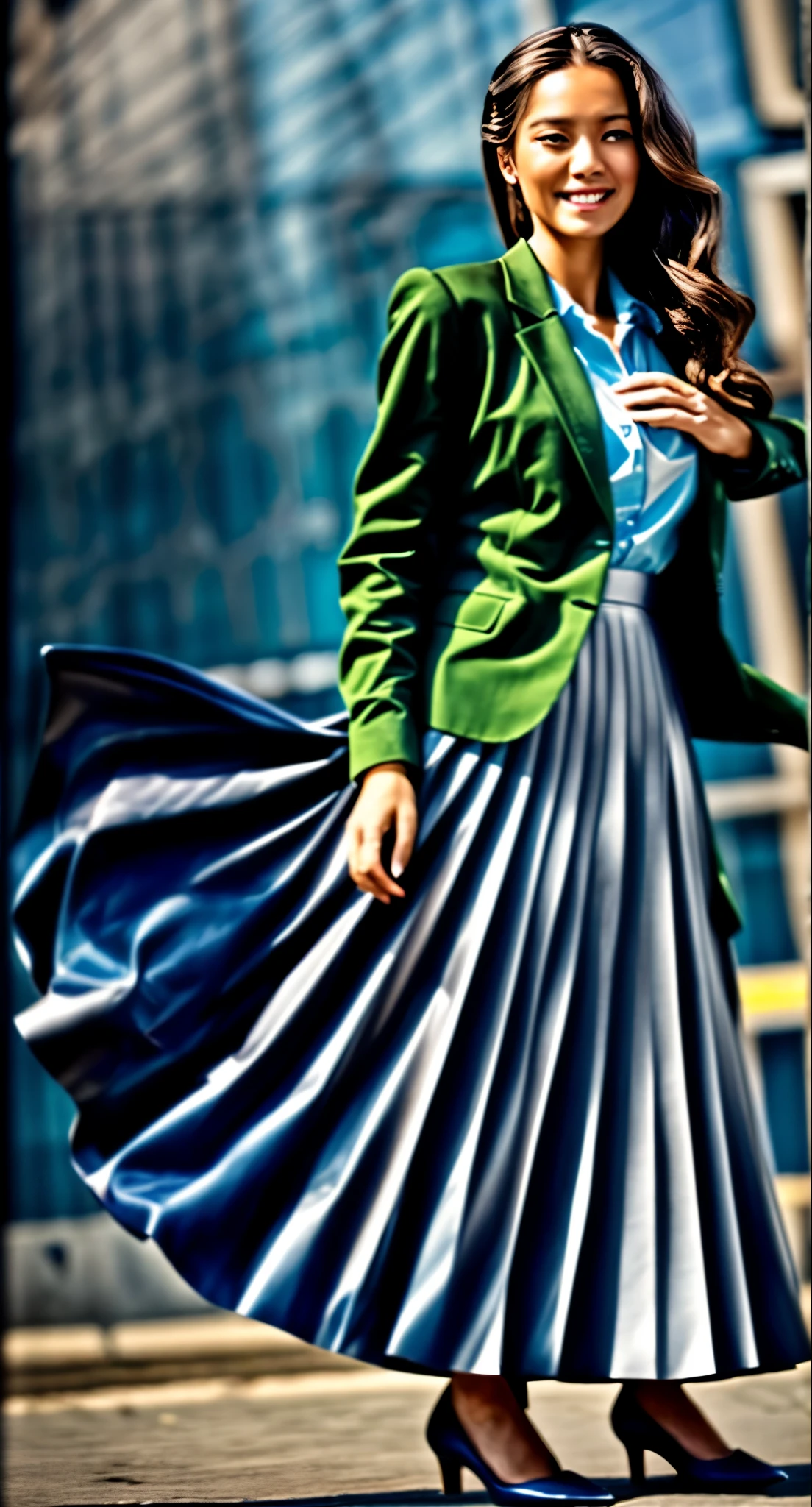 A smiling, authentic, (shy:1,3), kind, beautiful woman, is passionately in love with her skirt, sitting down on the gound while wind lifts her skirt, wearing short blazer and very very detailed (long (fully pleated) full circle skirt) and (low heeled court shoes), very very intricate hyper-detailed symmetric (attractive graceful young feminine face) with (sad, tired eyes and a loving smile), large breasts, full of empathy and compassion and love, (pronounced (feminine) features), (highly detailed ultra accurate realistic) hands and fingers, (windy), epic composition, highly detailed attributes, (35mm f1.4 Kodak portra 400 photograph), extremely high quality RAW photograph, highly detailed atmosphere, sci-fi, cinematic shot, dynamic lighting, 75mm, Technicolor, Panavision, cinemascope, sharp focus, fine details, 8k, HDR, realism, realistic, key visual, film still, superb cinematic color grading, depth of field