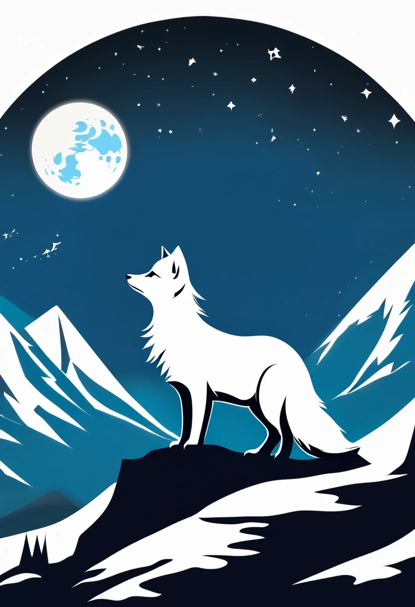 Arctic fox on top of mountain,look up at the moon,Dream,contour,minimalist,Gothic