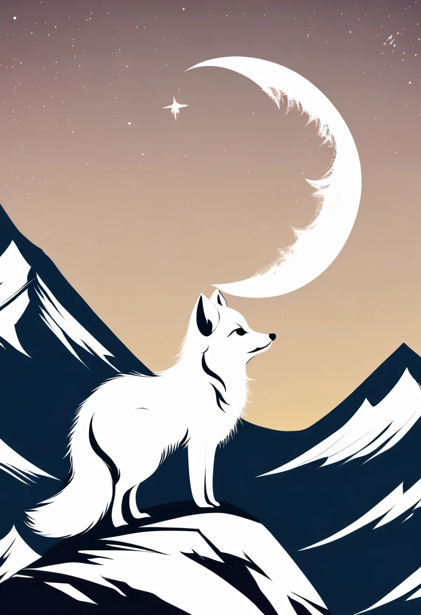 Arctic fox on top of mountain,look up at the moon,Dream,contour,minimalist,Gothic