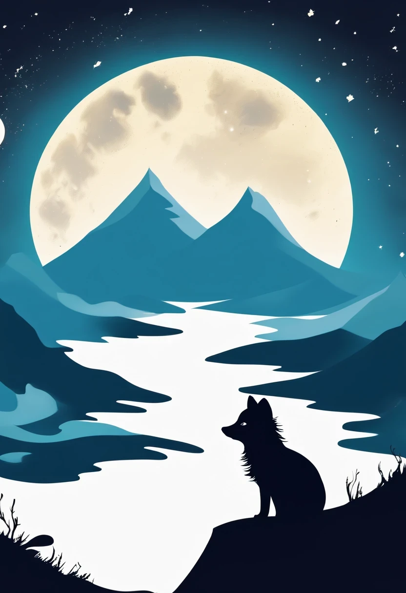 Arctic fox on top of mountain,looking at the moon,contour,minimalist,Gothic