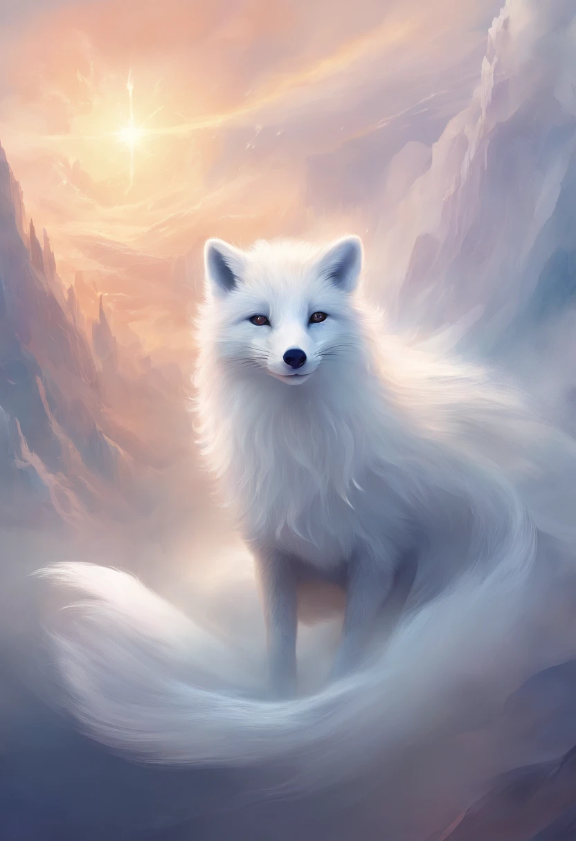 A white arctic fox partially covered in white smoke, floating in the air. Smoke swirls around and ahead, Art Trends Detailed Art Beautiful Art Illustrations Stunning Digital Illustrations, Very detailed vector art, Digital illustration style super high detail HD