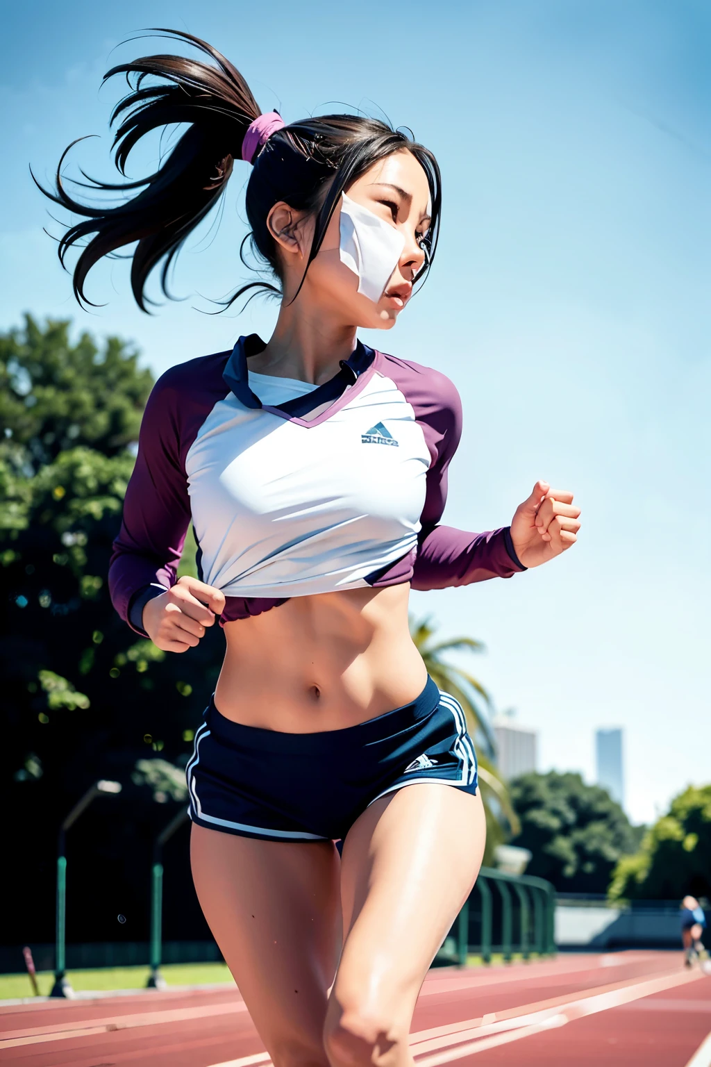 1 girl, solo, running, Gray Track Top, pink shorts, ponytail, athletic build, dynamic brushstrokes, fluid movement, capturing the essence of her athleticism and energy, using light colors and soft tones to create a dreamy and ethereal atmosphere, portraying the motion and grace of running, showing the wind blowing her ponytail and clothes, and the scenery of her surroundings.
outdoors, detailed background, Modern metropolis,big