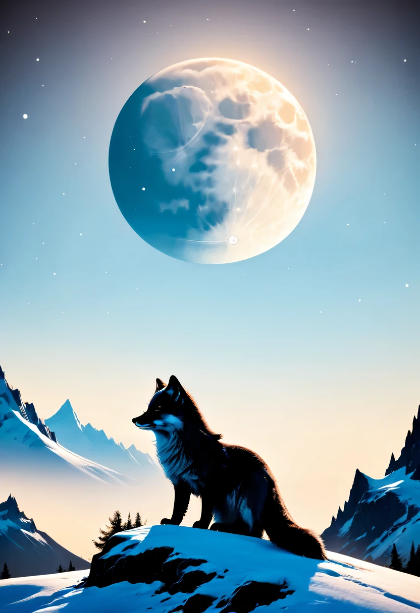Arctic fox on top of mountain,look up at the moon,Dream,contour,minimalist,Gothic