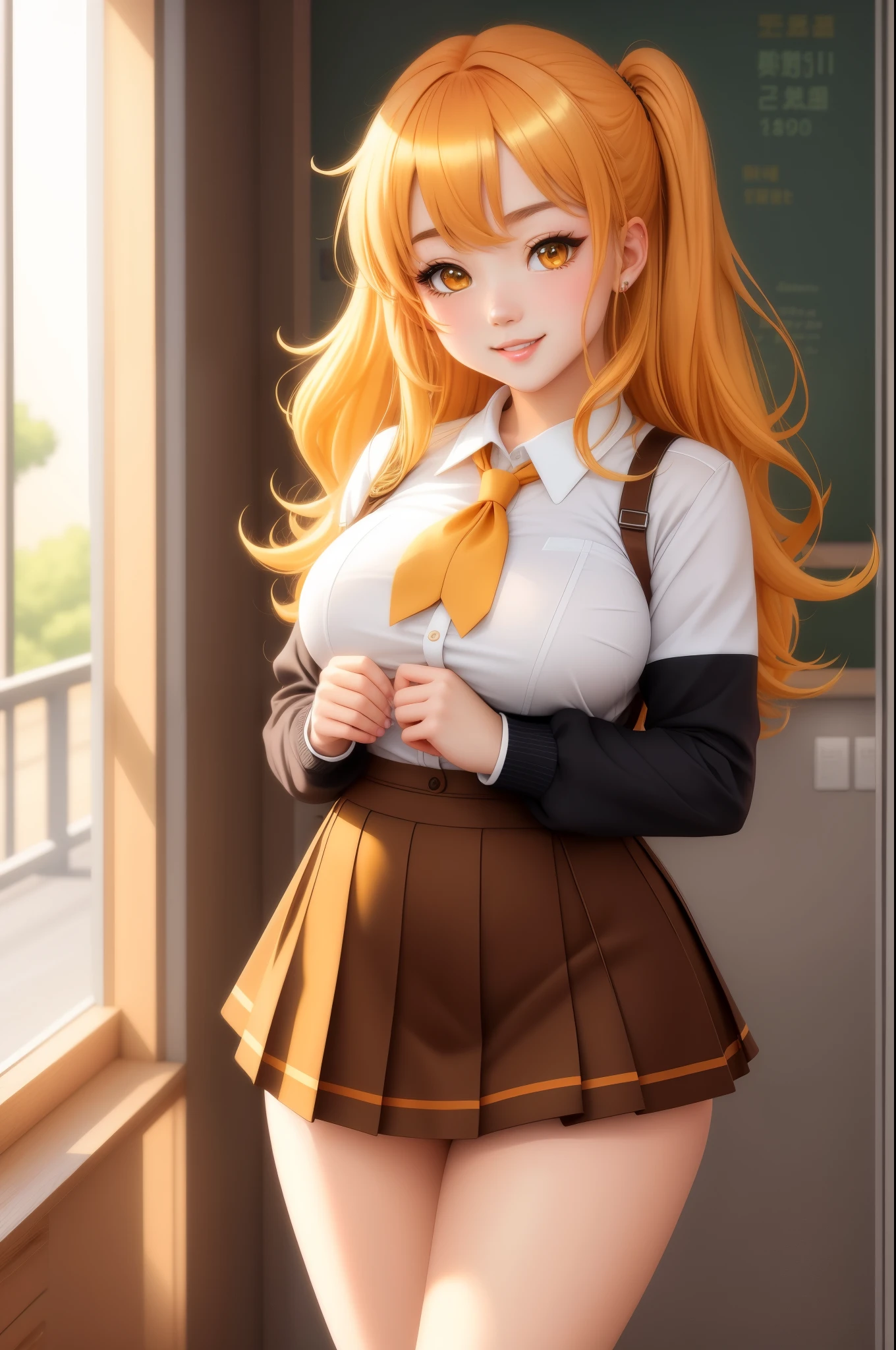 masterpiece, best quality, ultra-detailed, kawaii, cute, lovely, sexy, ero, extremely detailed, 4K, 8K, best quality, beautiful, anime style, school, a cute girl, 1girl, solo, school uniform, beautiful yellow hair, beautiful orange eyes, beautiful eyes, large breast, smile, Upper body, Focus on the face,