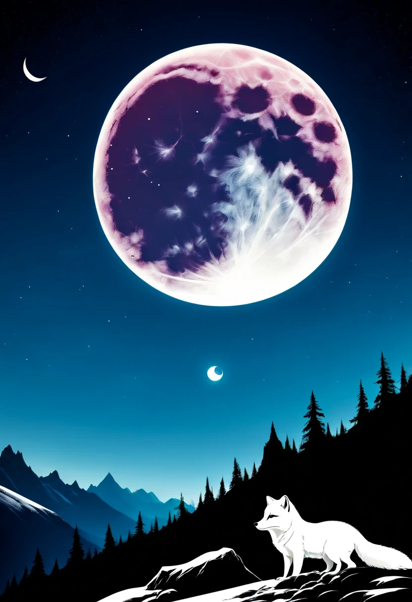 Arctic fox on top of mountain,look up at the moon,Dream,contour,minimalist,Gothic