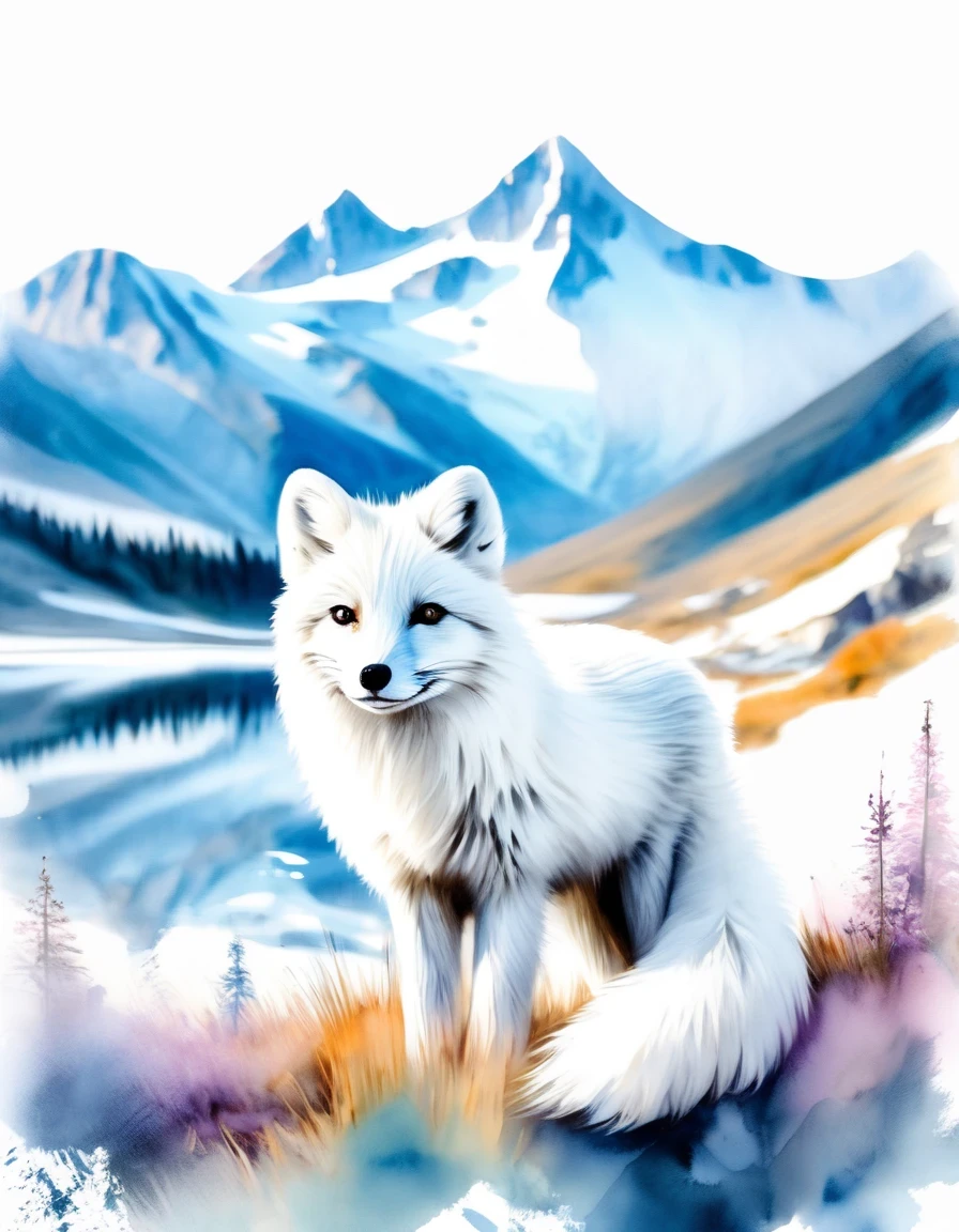 Double exposure of arctic fox and mountains, natural scenery, watercolor