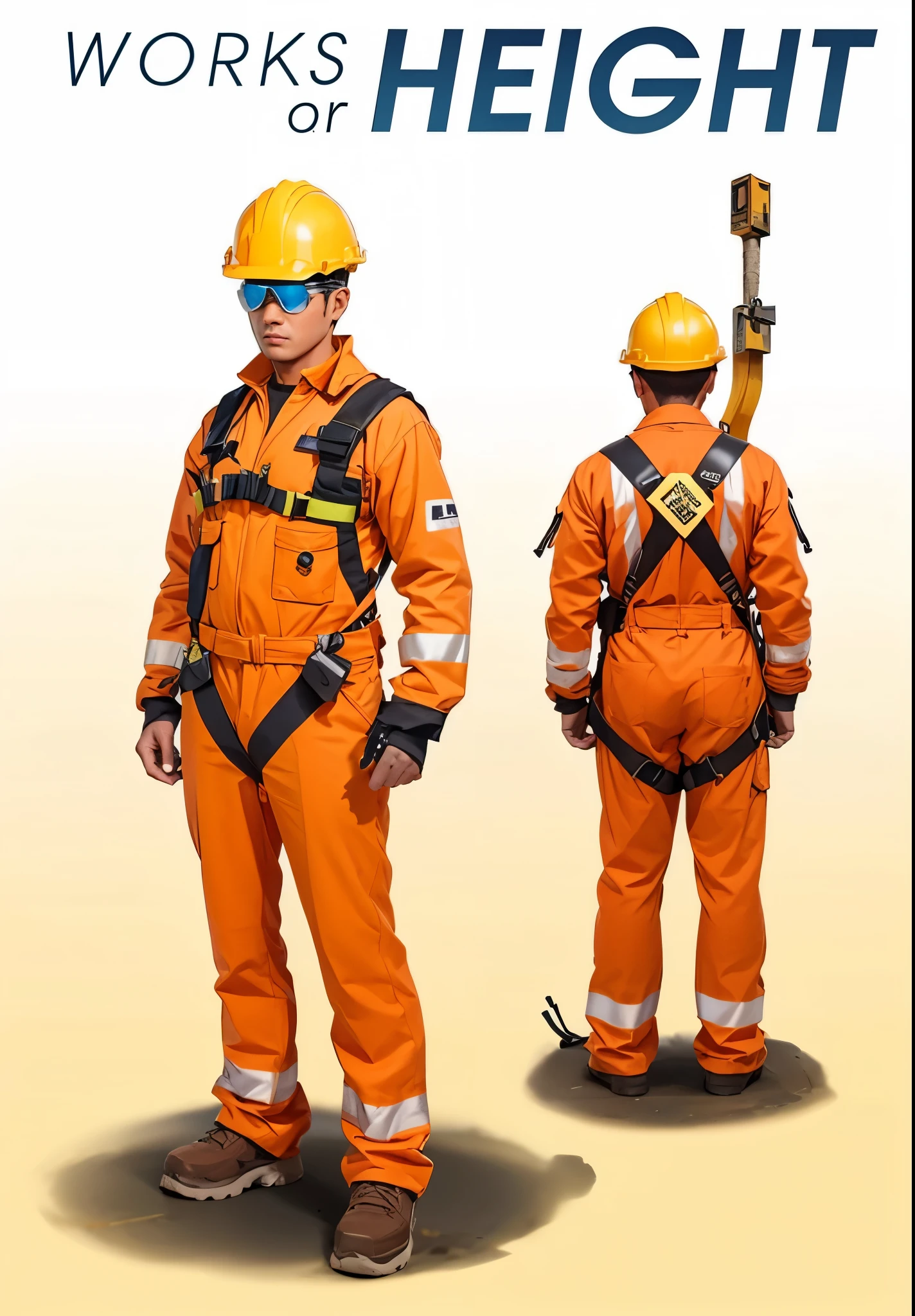 a man in safety vests is suspended from a crane, worksafe. illustration, safe for work, worksafe. instagram photo, worksafe. cgsociety, worksafe.cgsociety, (sfw) safe for work, worksafe, worksafe. dramatic, funny illustration, print ready, illustartion, safebooru, promo image, 1men wearing white safety helmet and orange wearpack uniform, boiler, package boiler, focus showing the workers, safety body harness, safety googles, white safety helmet, orange wearpack worker
