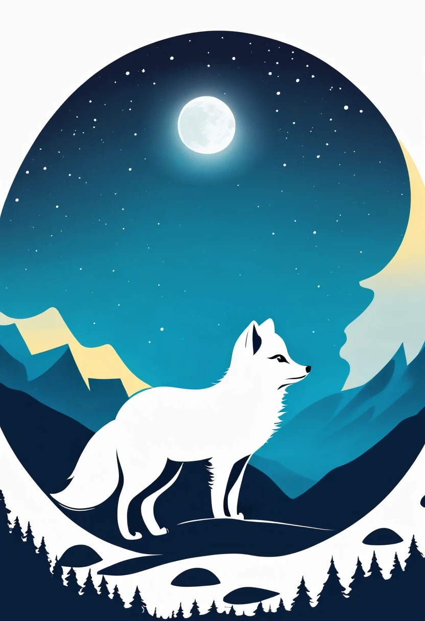 Arctic fox on top of mountain,looking at the moon,contour,minimalist