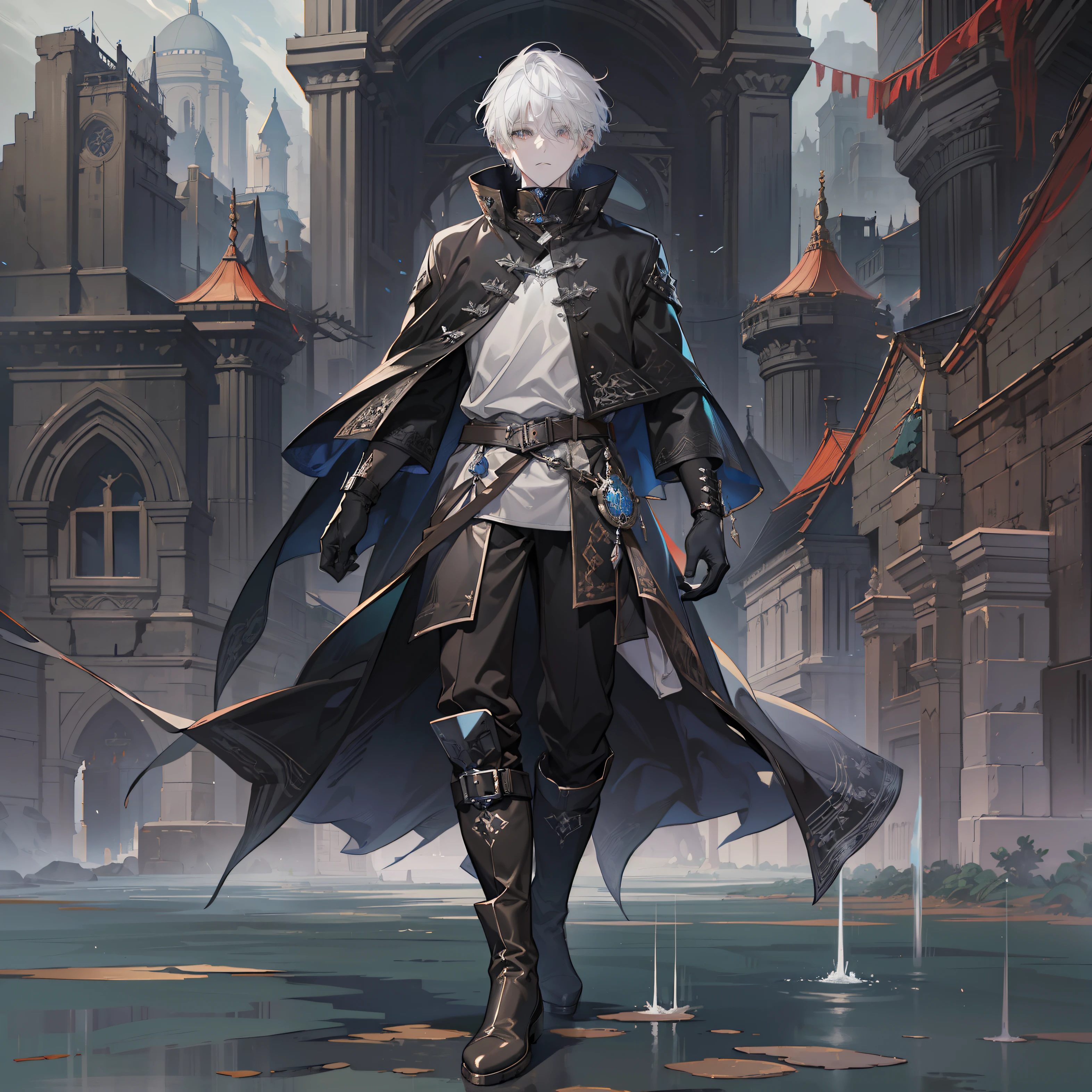 1 boy, alone, gray hair, short hair, gray eyes, black shirt, metal cuffs, black gloves, Raincoat, high boots, metal greaves, medieval theme, looking at the viewer, fantasy art, beautiful picture, gwaika style, magnificent exquisite character art, great character, (Reference sheet:1.5)