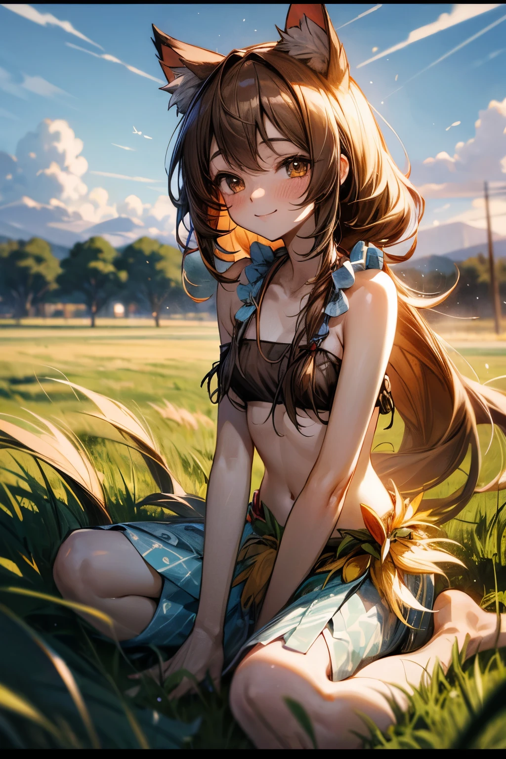 ((Masterpiece)), (Anime:1.3), ((best quality)), (RAW photo:1.2), (High Definition:1.3), (Professional Photography:1.2), (mist effect:1.3), (()), cute teenage girlnematic lighting, BREAK, unruly hair, (innocent smile:1.3), blush, cat ears, pale brown hair, Cute Beautiful girl, (Red makeup), BREAK, (High Definition), (Grass skirt:1.4), Slender body, small breasts, barefoot, Textured skin, BREAK, (High Definition), (cute posing on the rye field), the Morning sun, Crepuscular Rays, field of rye with many fruits,