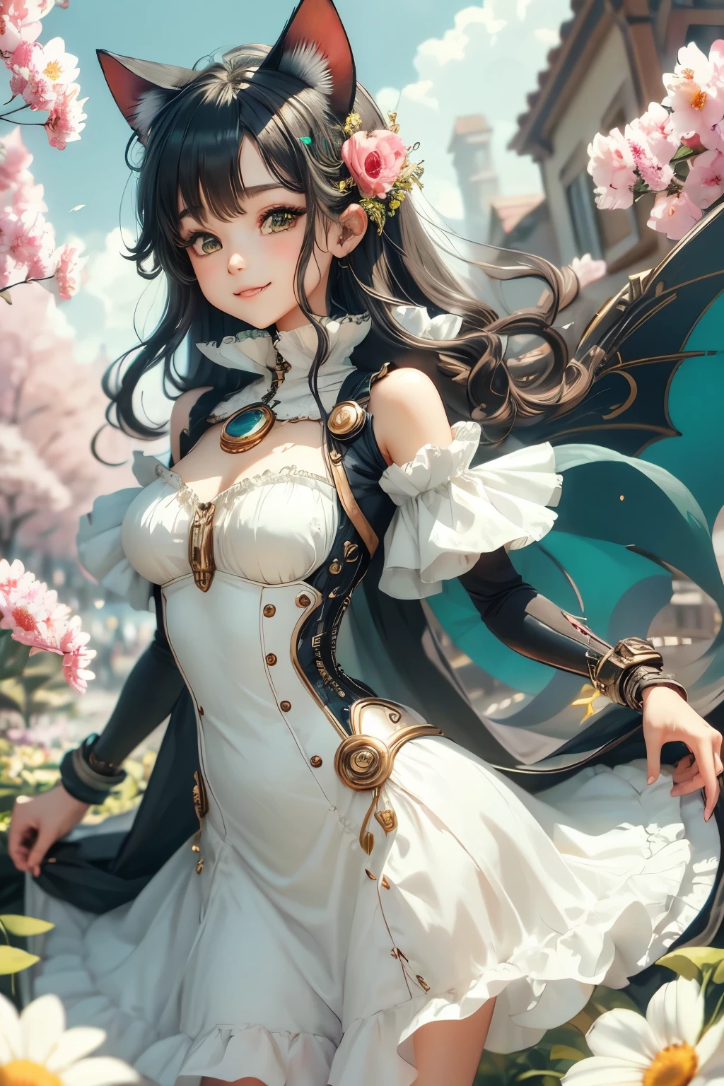 Beautiful woman with green eyes and black and green hair smiling, fully clothed in a spring dress, cybernetic cat ears, cyber, blooming spring flowers in the background, flying petals, dynamic pose, happy