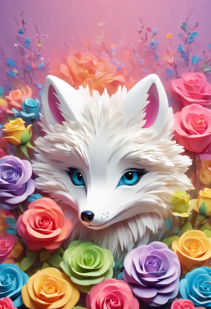 (arctic fox,fluffy hair,,big eyes,masterpiece roses),Rainbow color background, (illustration:1.2,paper art:1.2, tangled:1.2, 3d rendering),(best quality, detailed details, masterpiece, official art, Lighting effects, 4k, chiaroscuro)