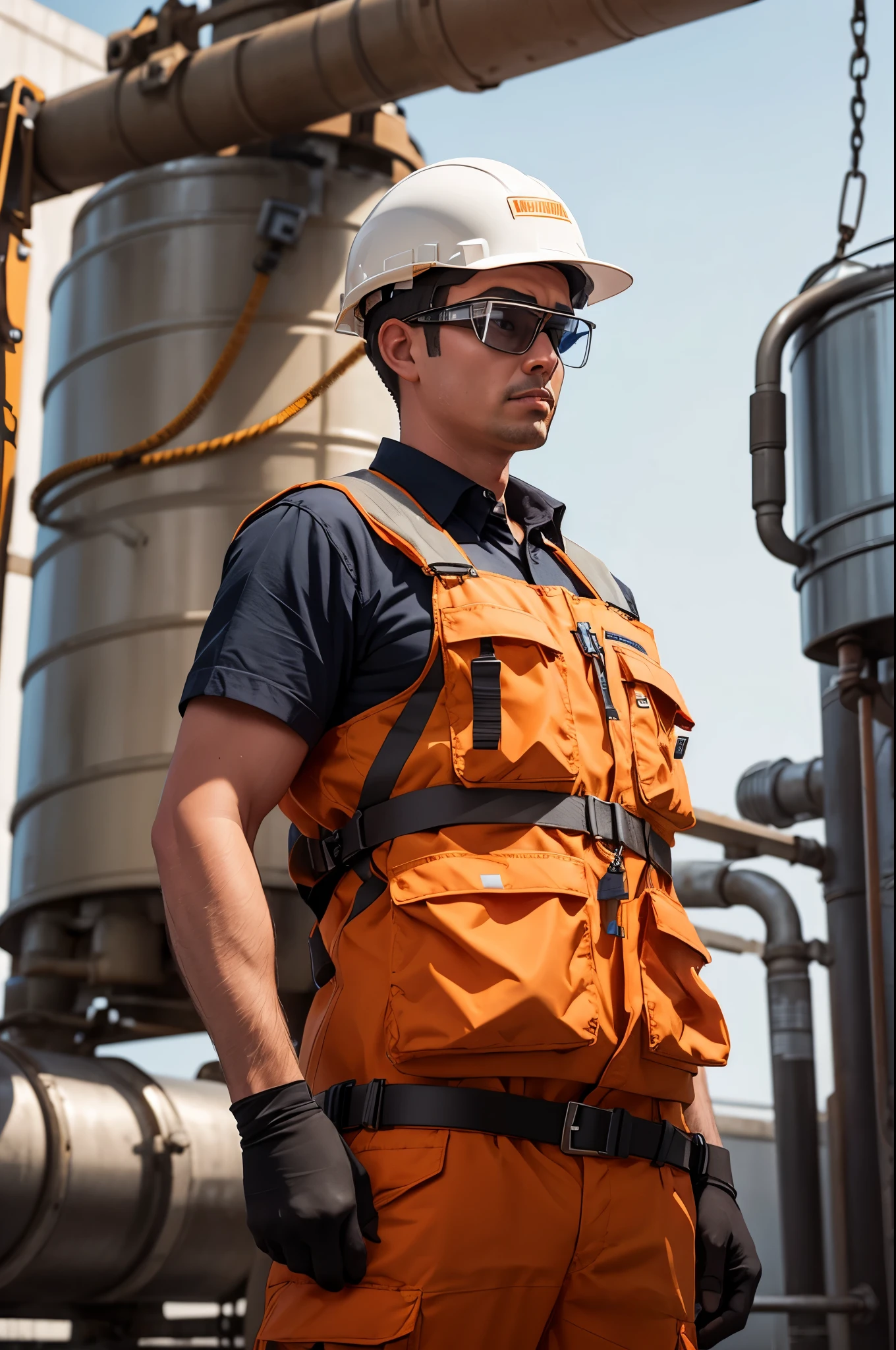 a man in safety vests is suspended from a crane, worksafe. illustration, safe for work, worksafe. instagram photo, worksafe. cgsociety, worksafe.cgsociety, (sfw) safe for work, worksafe, worksafe. dramatic, funny illustration, print ready, illustartion, safebooru, promo image, 1men wearing white safety helmet and orange wearpack uniform, boiler, package boiler, focus showing the workers, safety body harness, safety googles, white safety helmet, orange wearpack worker