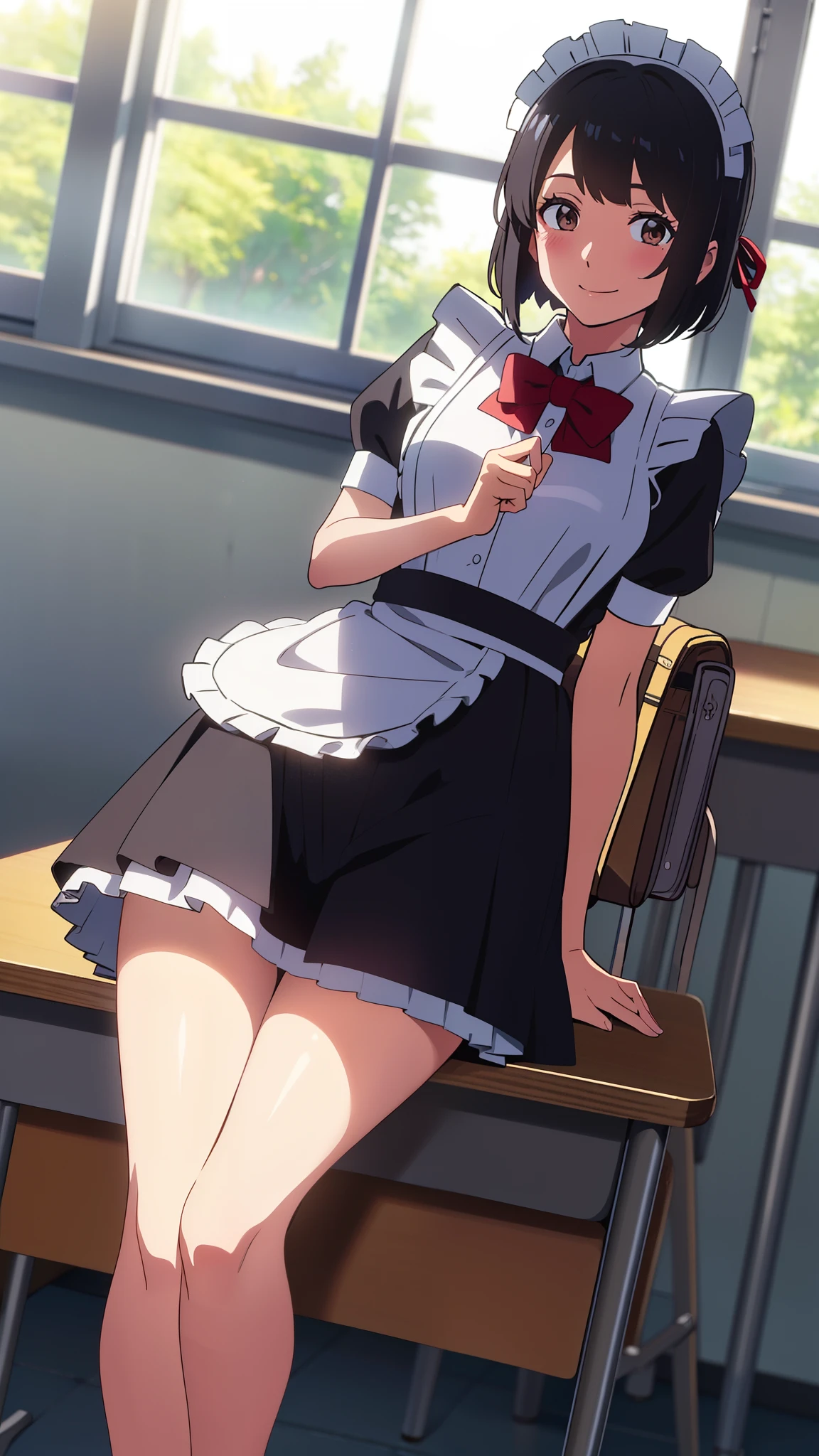 shinkai makoto, kimi no na wa., 1girl, bangs, black hair, blush, brown eyes, shinny skin, red headband, red ribbon, red bow, bare shoulders, pantyhose, short hair, smile, open mouth, cute, solo, happy, hair ornament, rabbit ears, playboy bunny, white leotard, detached collar, looking at the viewer, sitting on the table, at library