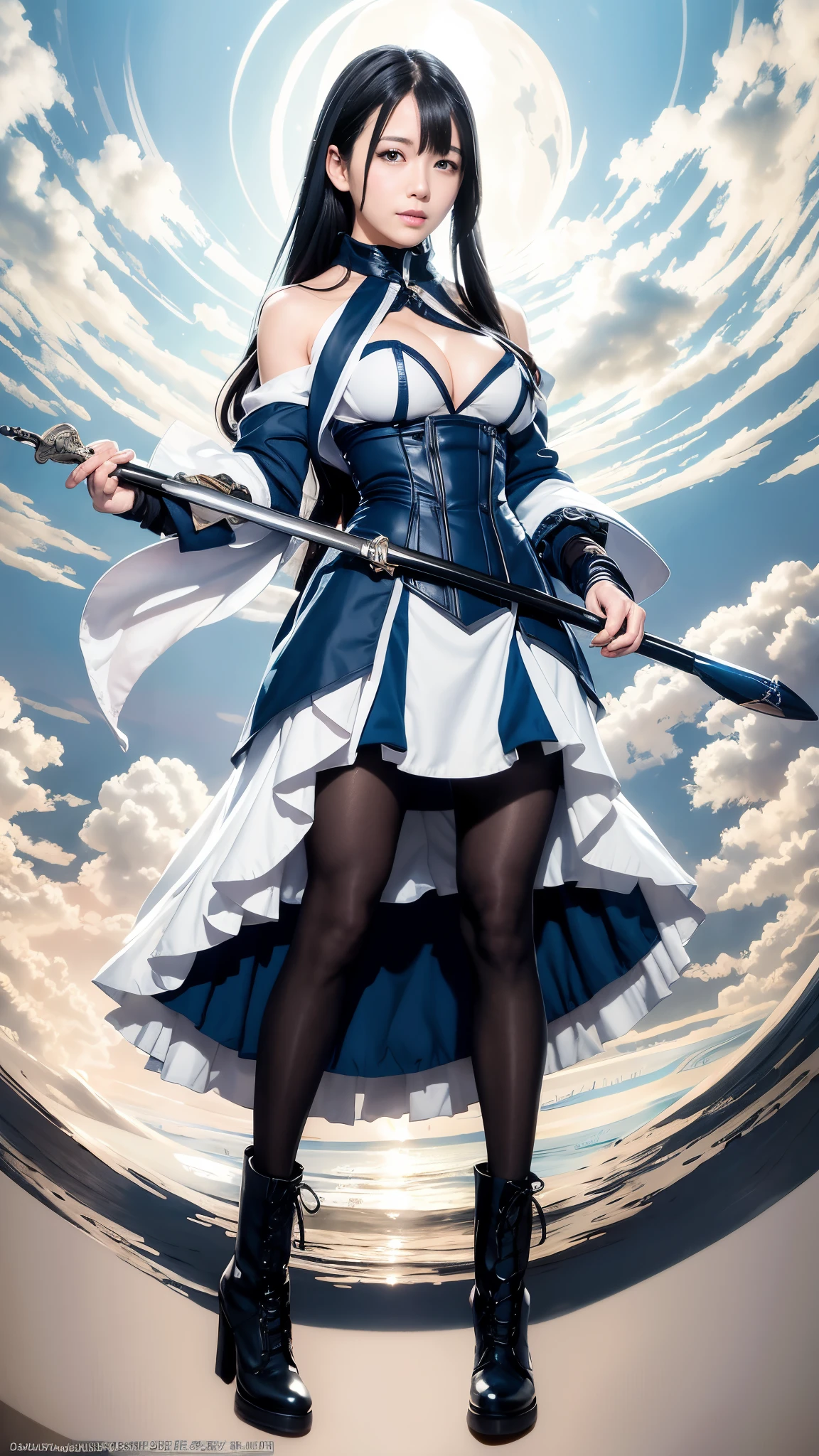 Detailed facial parts、High level image quality、high quality、High resolution、realistic、Detailed anime original drawing, high detailed official artwork, anime goddess, anime fantasy artwork, official artwork, Trending with Art Station Pixiv, masterpiece「goddess of sadness」, anime fantasy illustration, beautiful fantasy anime, official anime artwork、((dynamic pose))、(((Make your face look clear)))、((shot at low angle))、(((Enlarged and draw a person)))、((very big big))、(((nsfw)))、((((Mary))))、(((fingerless_gloves)))、(((boots)))、(((blue_hair)))、(((blue eyes)))、(((black_pantyhose)))、((holding_maryweapon))