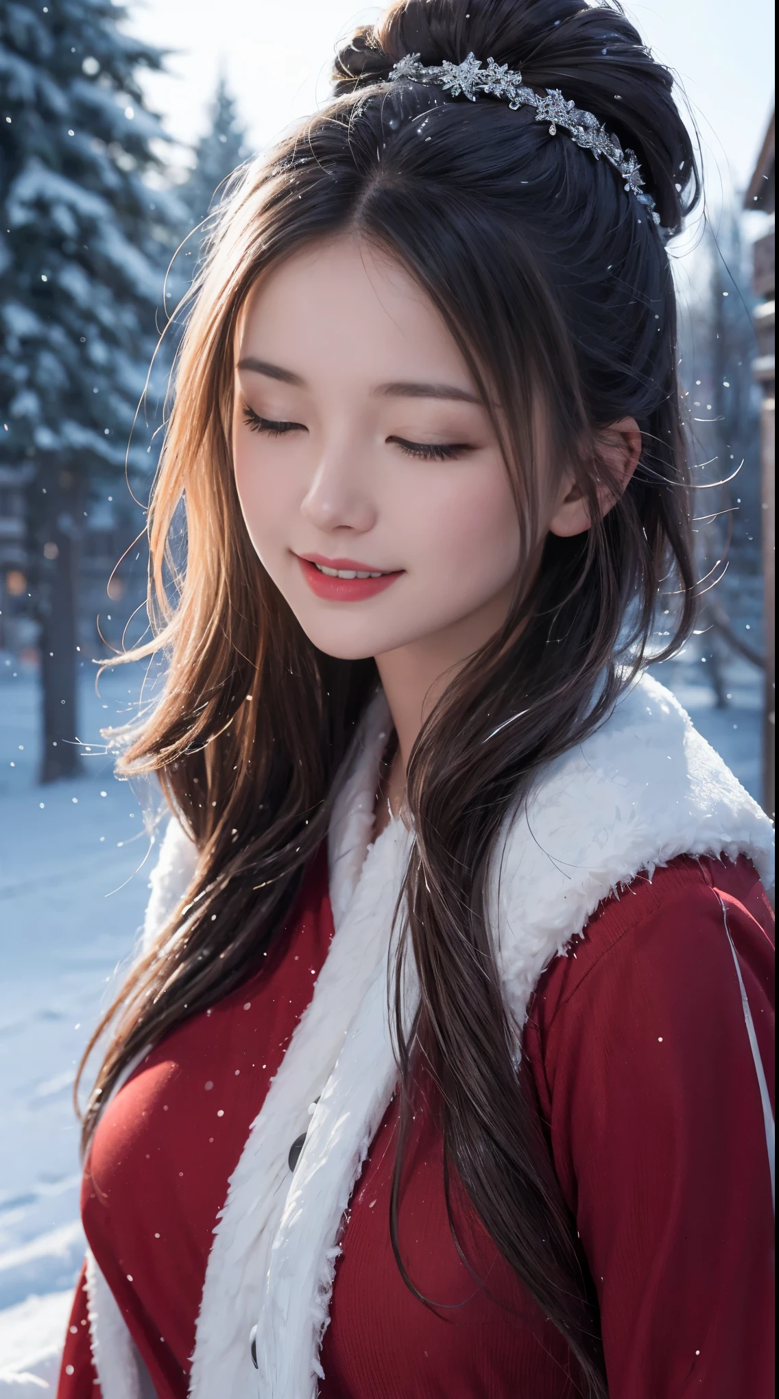 (about beauty, high resolution: 1.2), Full-length portrait of a beautiful 20-year-old woman wearing an intricately detailed red Santa Claus costume., Symmetrical clothing structure, bright, bright eyes, happy smile, Hairstyle change, It&#39;s snowing, Snow in the hair. Professional Photographer, Simplicity, concept art, complicated details, Post production 8,000, high definition, Super details, Trending on ArtStation, Sharp focus, Artistic dark studio photography , complicated detailss, Highly detailed, By Greg Rutkowski, Professional light and dark art, bright colors. Outdoor winter scene with snow in the evening, smile a little, true art, Various hairstyles and color changes, Passionate mood, seductive expression, sexy lips, wet lips , charming closed eyes, seductive appearance, suggestive gesture.