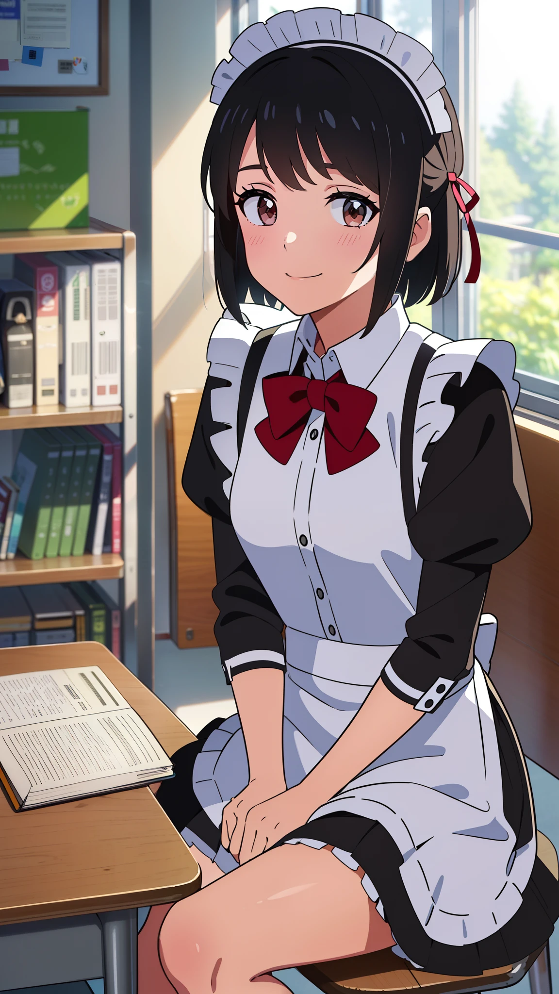 shinkai makoto, kimi no na wa., 1girl, bangs, black hair, short hair, blush, brown eyes, looking at the viewer, ((girl wear maid dress, short sleeves, short dress, short skirt, maid headdress)), red bow, red ribbon, smile, cute, school backpack, Have a diary, at library, schools, Read the diary, after school, rest, fearless smile, happy, fun, joyful, sitting, on chair, indoors, chair, desk, school desk, window, dynamic angle