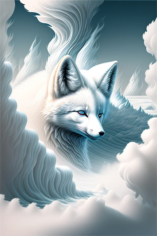 A white arctic fox partially covered in white smoke, floating in the air. Smoke swirls around and ahead, Art Trends Detailed Art Beautiful Art Illustrations Stunning Digital Illustrations, Very detailed vector art, Digital illustration style super high detail HD