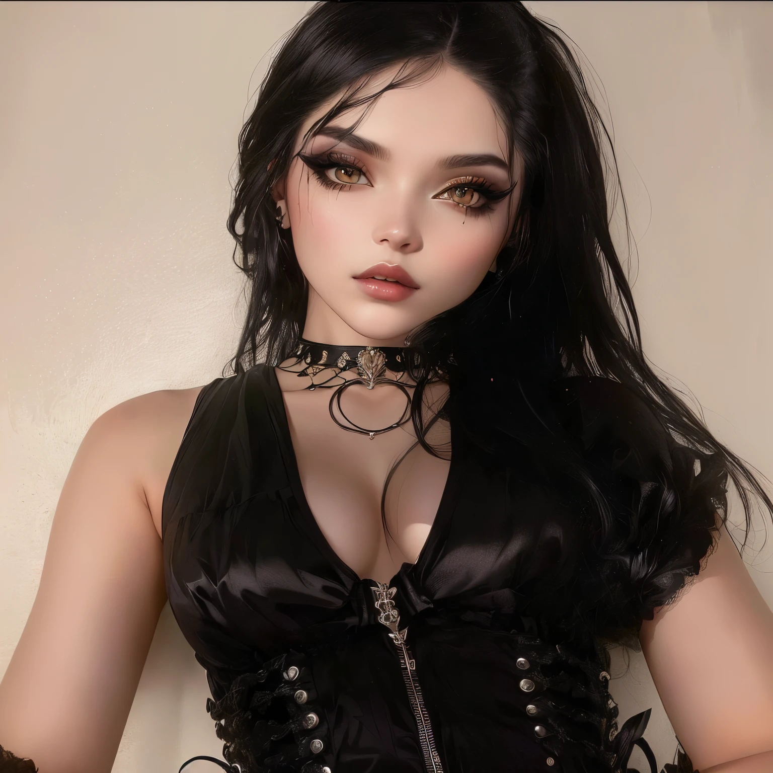 mulher em uma roupa de couro preto posando para uma foto, amoranto, young beautiful amoranto, better known as amoranto, with pale skin, pale gothic beauty, very beautiful gothic top model, rosto sexy com maquiagem completa, 1 7 - year - old goth girl, com cabelos longos e olhos penetrantes, goth girl