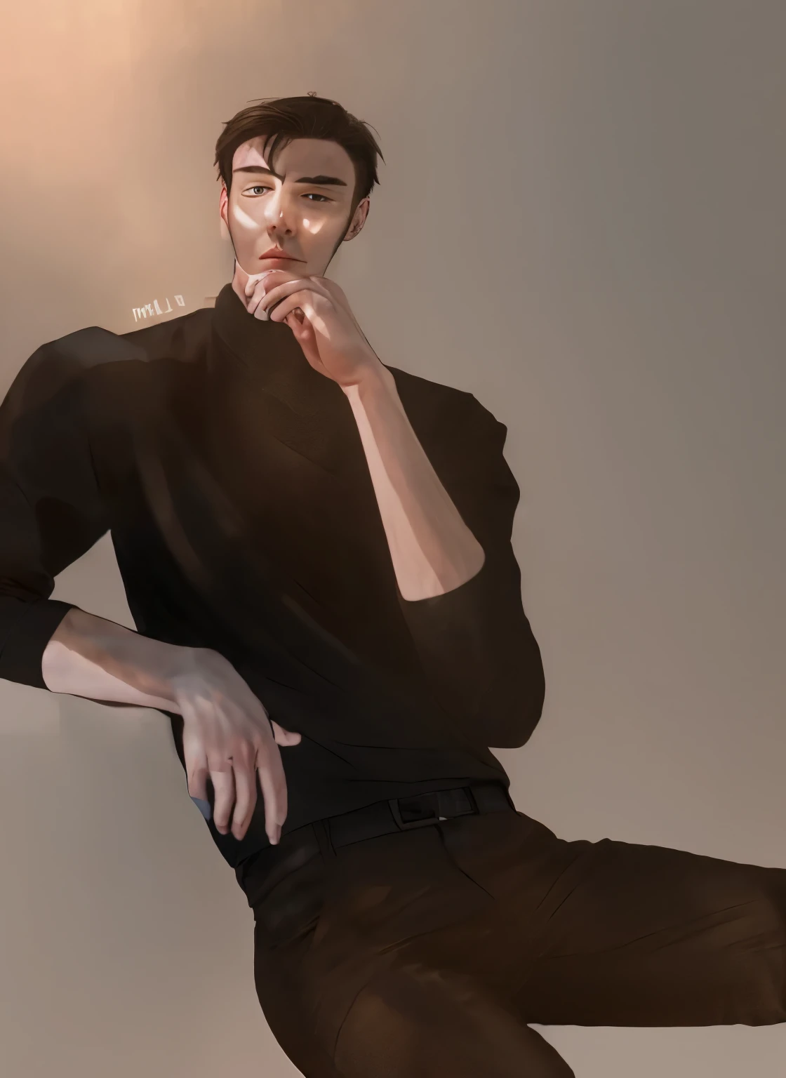 there is a man sitting on a stool with his hand on his chin, inspired by Jean Malouel, high quality fanart, handsome anime pose, !!full body portrait!!, detailed fanart, official fanart, full body portrait of a short!, inspired by Shingei, casual pose, highly detailed exquisite fanart, fullbody portrait, inspired by Alfred Freddy Krupa, no beard, young guy, black urtleneck shirt and long trousers,