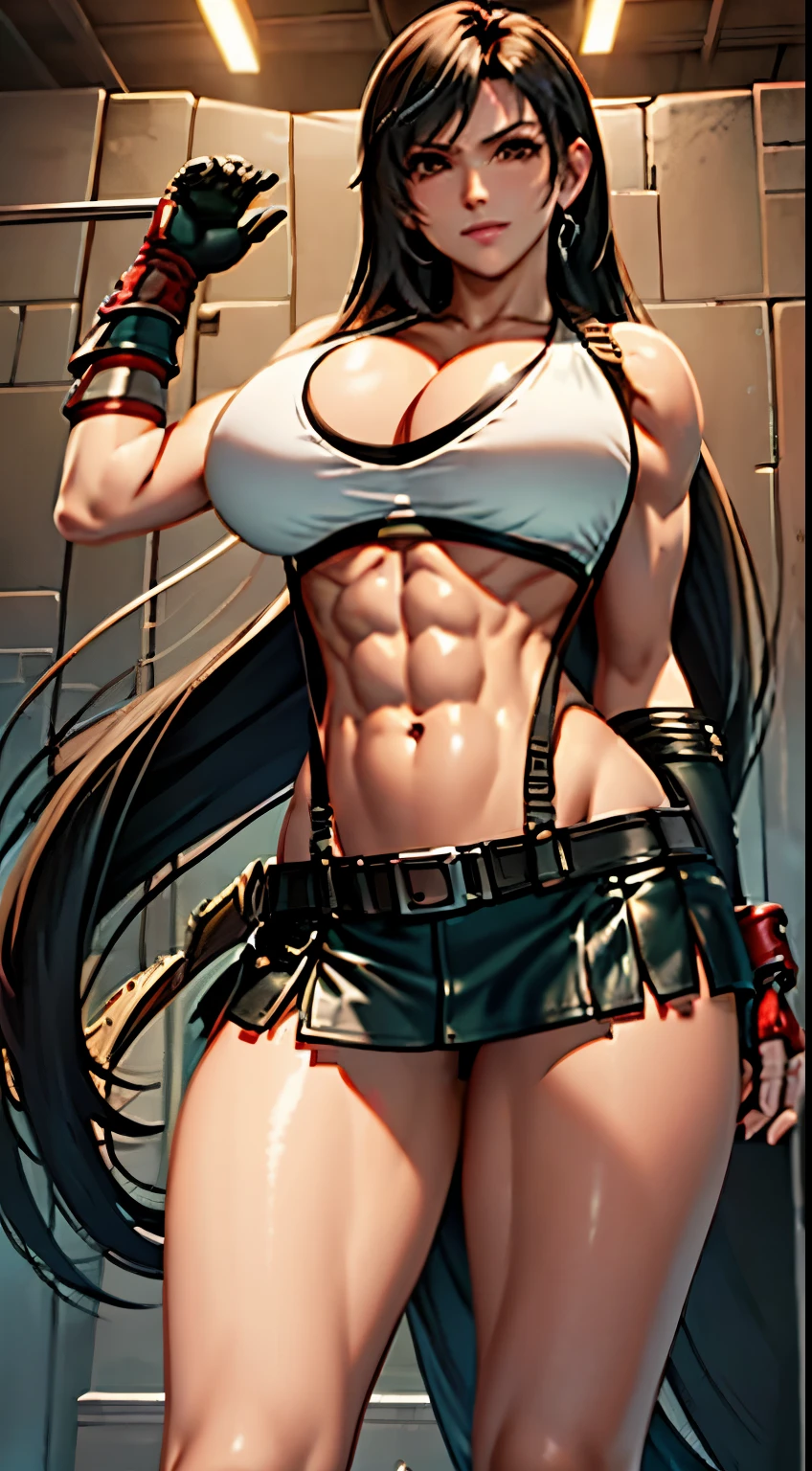 highest quality, masterpiece, 1girl, ff Tifa, Final Fantasy VII, Tifa Lockhart, cool pose. brunette color hair, perfect bodies, gigantic cleavage breasts, Very full breasts, (abs:1.2), muscular, Strong arms, White women's slingshot one-piece mini bikini