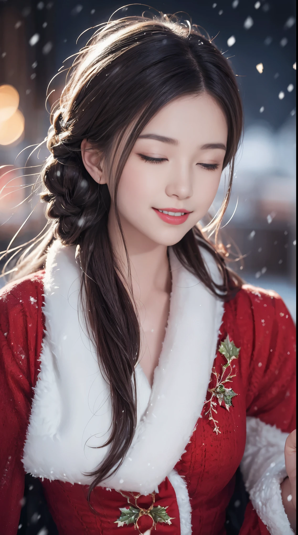 (about beauty, high resolution: 1.2), Full-length portrait of a beautiful 20-year-old woman wearing an intricately detailed red Santa Claus costume., Symmetrical clothing structure, bright, bright eyes, happy smile, Hairstyle change, It's snowing, Snow in the hair. Professional Photographer, Simplicity, concept art, complicated details, Post production 8,000, high definition, Super details, Trending on ArtStation, Sharp focus, Artistic dark studio photography , complicated detailss, Highly detailed, By Greg Rutkowski, Professional light and dark art, bright colors. Outdoor winter scene with snow in the evening, smile a little, true art, Various hairstyles and color changes, Passionate mood, seductive expression, sexy lips, wet lips , charming closed eyes, seductive appearance, suggestive gesture.
