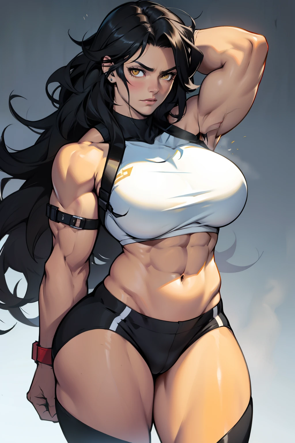 extremely long hair messy hair wavy hair black hair yellow eyes pale skin upset muscular girl muscular girl muscular girl huge breasts