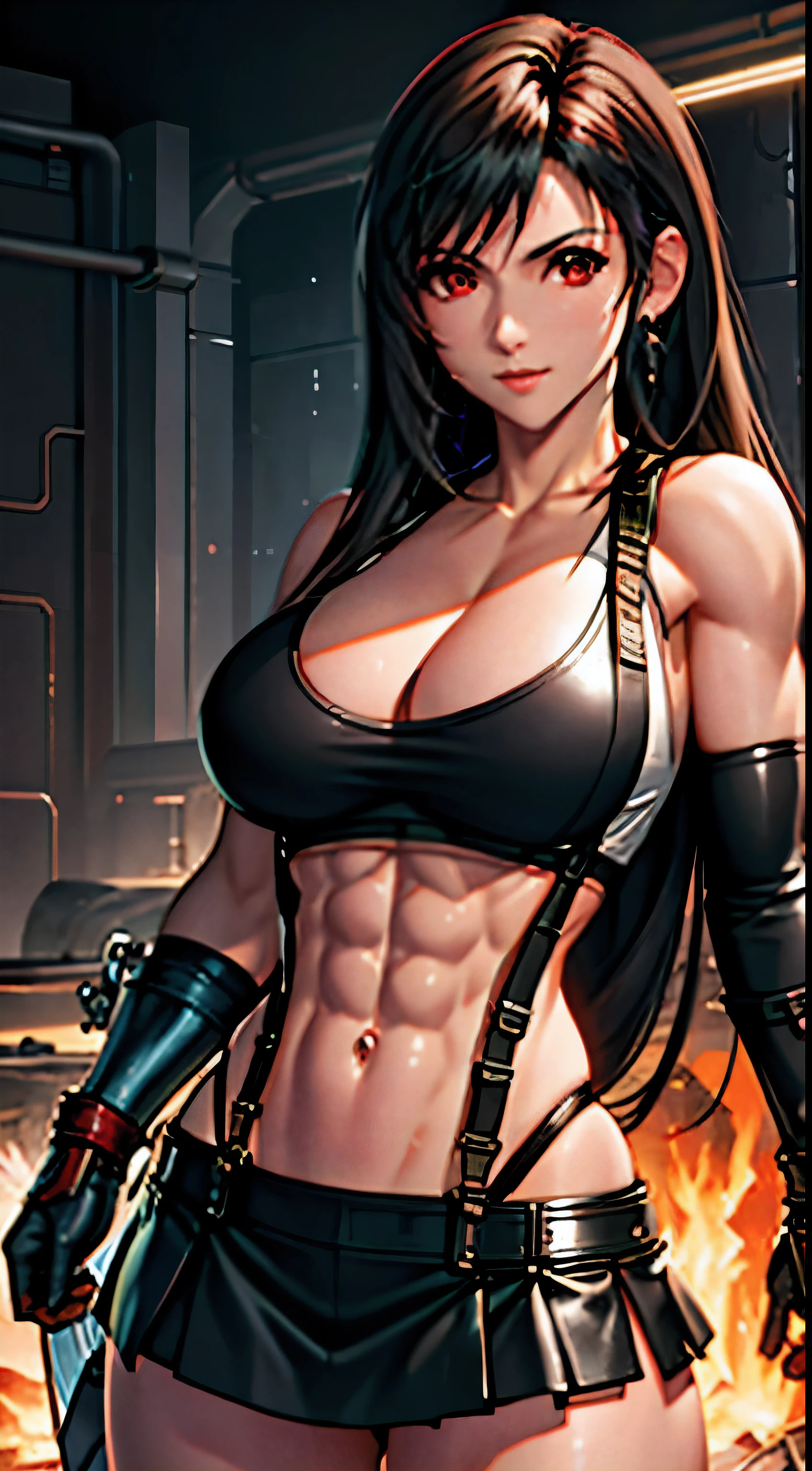 highest quality, masterpiece, 1 girl, ff tifa, Final Fantasy VII, tifa lockhart, cool pose. brunette colored hair, perfect body, huge cleavage, very full breasts, (abs:1.2), muscular, powerful weapon, White Women&#39;s Slingshot One Piece Mini Bikini