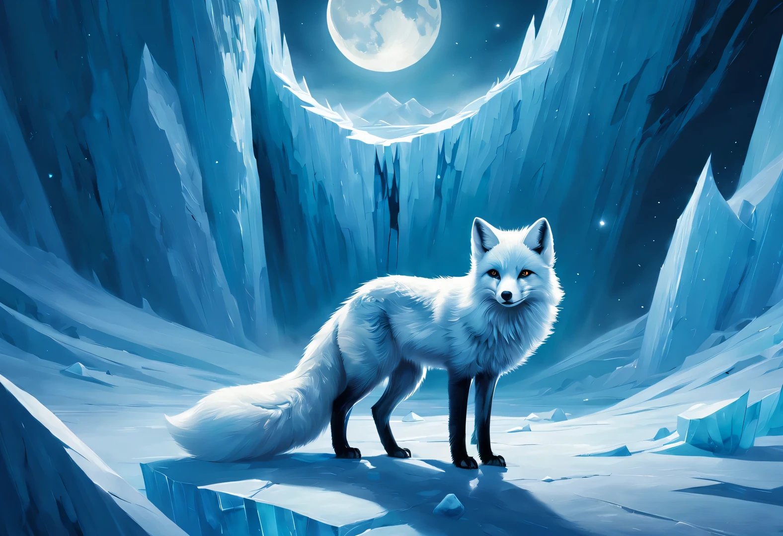 Proud arctic light blue fox, Roaring at the beautiful moon across the vast, cracked ice, Aerial View, epic scene, , bitter, Artwork by Ross Tran, Ilya Kuvsinov, and Johannes Helgeson, greedy punk