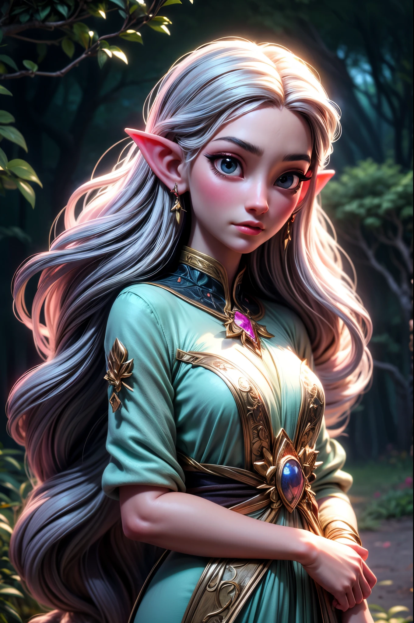(detailed face, detailed eyes, clear skin, clear eyes), lotr, fantasy, elf, female, full body, looking at viewer, portrait, photography, detailed skin, realistic, highly detailed, full length frame, High detail RAW color art, , plants, forest, shallow depth of field, sharp focus, mystical, cinematic lighting, elf ear, solo, 1girl, 
