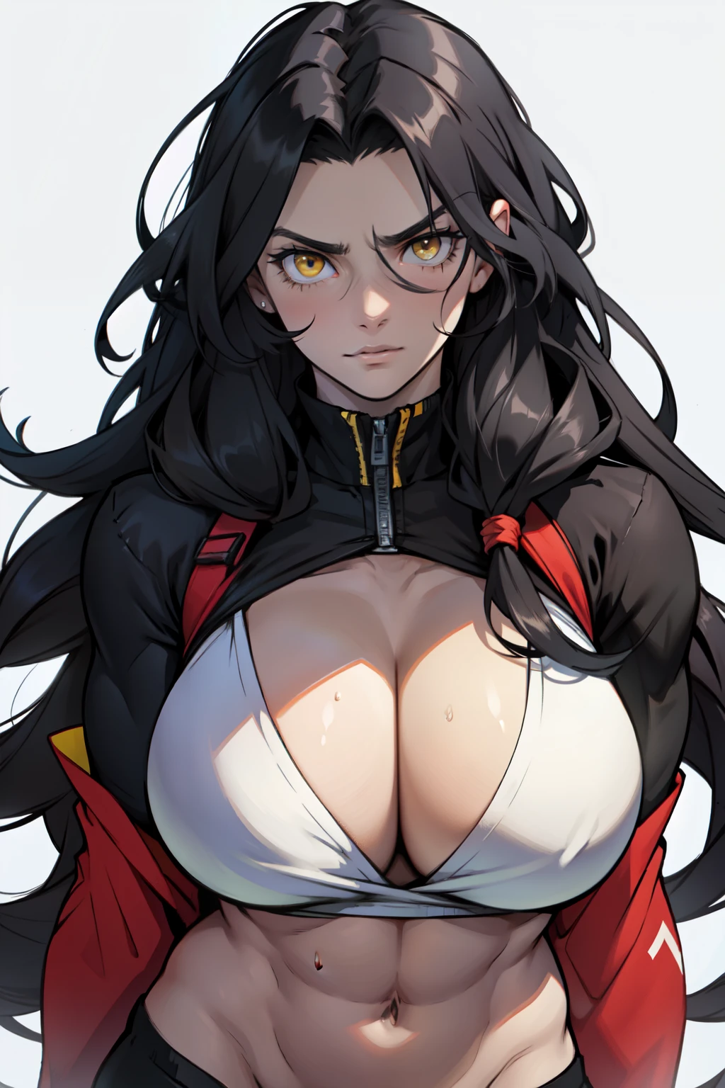 extremely long hair messy hair wavy hair black hair yellow eyes pale skin upset muscular girl muscular girl muscular girl huge breasts