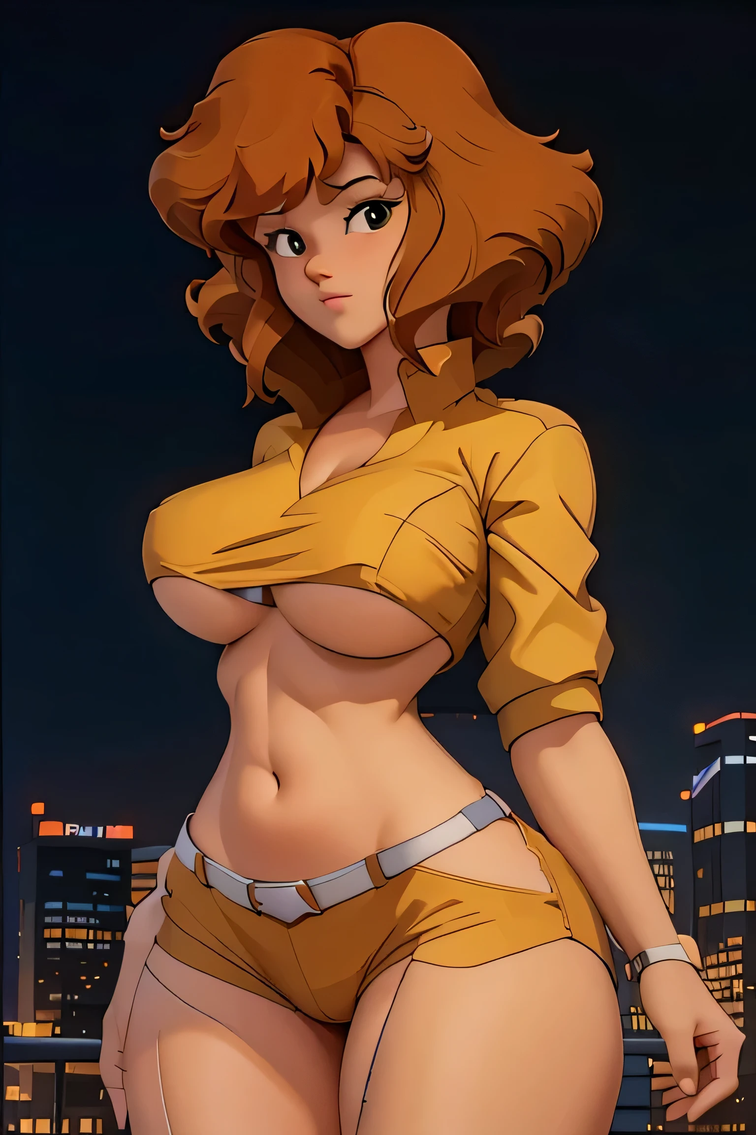 Cowboy shot, April O'Neill, 1980s \(style of\), 1girl, brown hair, orange hair, retro artstyle, Short hair, Yellow bikini, very large_pectorals, wide hips, cleavage, night city background, cute face, Protruding Breasts, nice hands, perfect arms, Torpedo ,