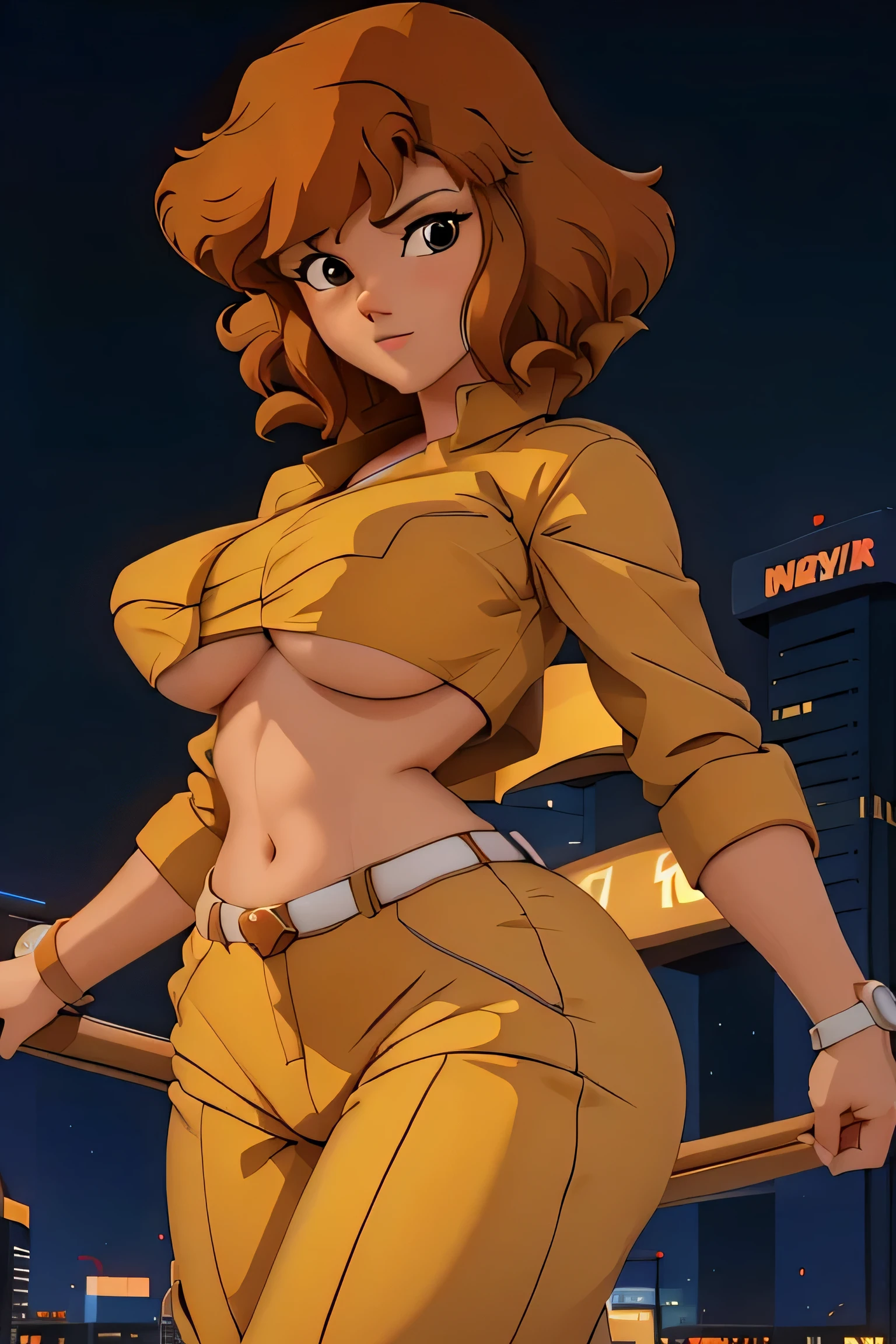 Cowboy shot, April O'Neill, 1980s \(style of\), 1girl, brown hair, orange hair, retro artstyle, Short hair, Yellow bikini, very large_pectorals, wide hips, cleavage, night city background, cute face, Protruding Breasts, nice hands, perfect arms, Torpedo ,