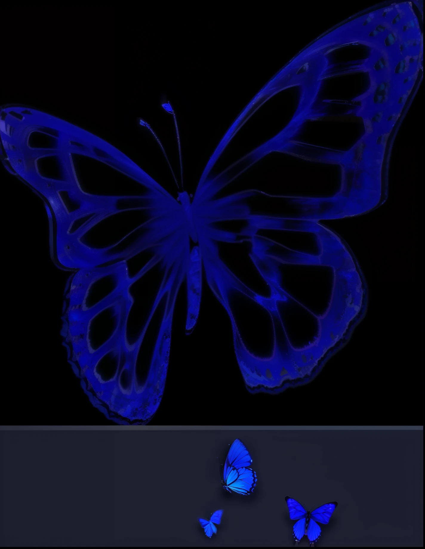 a close up of a Butterfly black background, 发光的blueButterfly, Butterfly, blue, 发光的Butterfly, soft Butterfly lighting, translucent wings, Butterfly wings, Butterfly lighting, Beauty spreads its wings, transparent wings, sapphire Butterfly jewellery, purple and blue, black background, rays of black light, Butterfly pop art, Symmetrical wings, Blue background