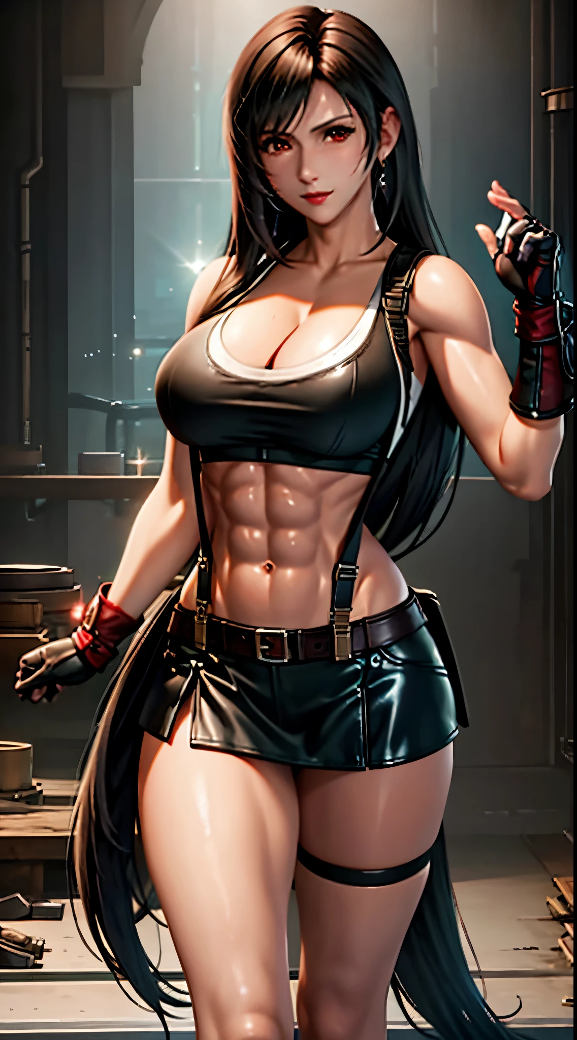 highest quality, masterpiece, 1 girl, ff tifa, Final Fantasy VII, tifa lockhart, cool pose. brunette colored hair, perfect body, huge cleavage, very full breasts, (abs:1.2), muscular, powerful weapon