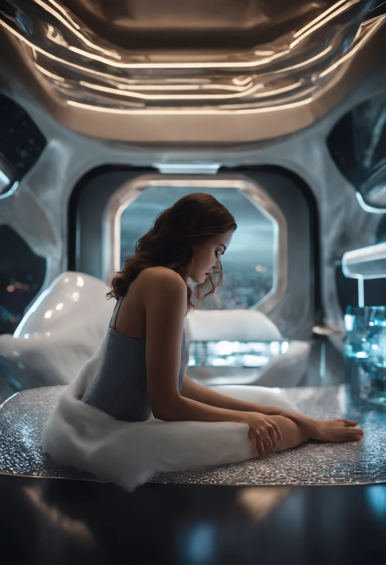 A beautiful girl sleeping in slumber within a futuristic abode, crafted from lightweight super metal alloys and adorned with high-resolution holographic graphics on its walls. The room's crystalline tube glass facade is bulletproof, offering breathtaking panoramic views of the surrounding metropolis.
Equipped with modern conveniences such as an air conditioner, bathroom, kitchen, TV room, mini bar, and dining area, the minimalist and sleek interior design exudes a distinctly futuristic ambiance, enhanced by the incorporation of high-quality furniture.
Adjustable LED lights bathe the room, casting an ethereal glow as