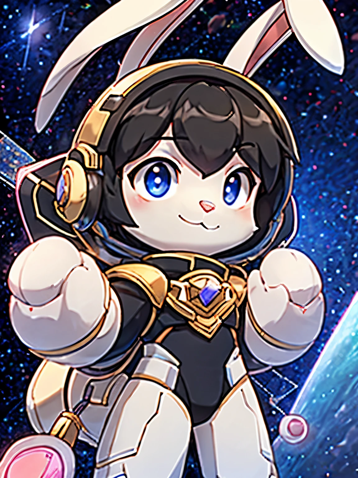 Boy, furry (white rabbit features), bunny boy with short black hair, (though), white fur, wide eyes, and pink bunny nose, in space. He is the Star Emperor. Short black hair. Smiling.

